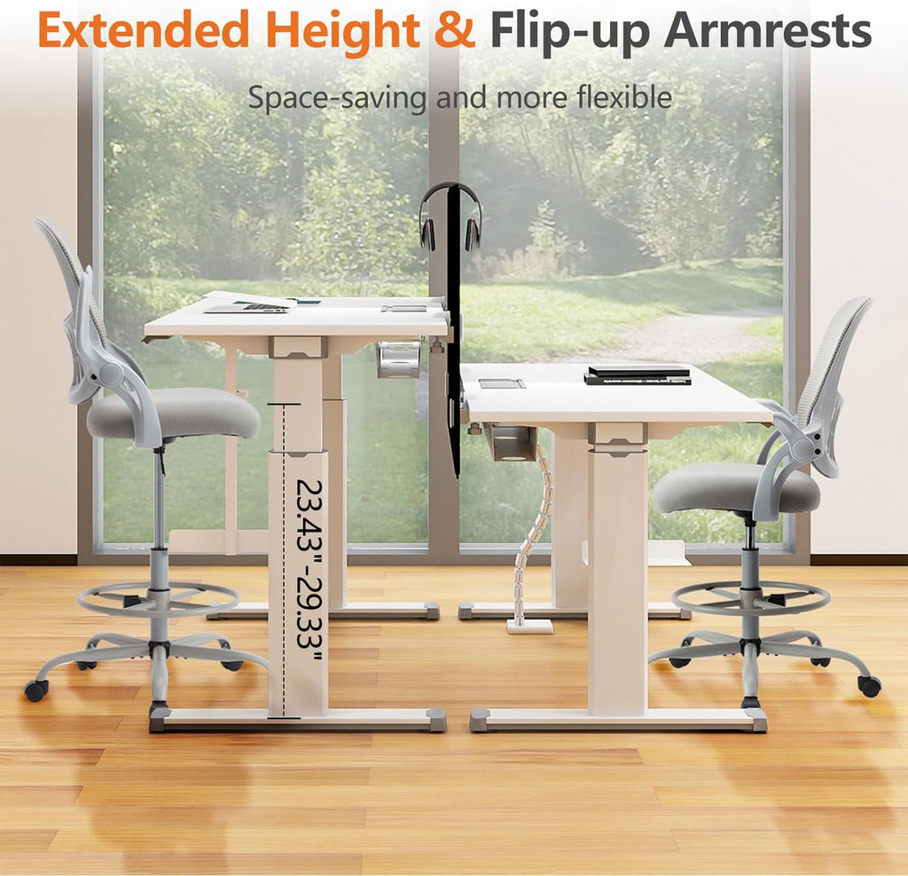 Drafting Chair, Desk Chair with Flip-Up Armrests, High Desk Chair Adjustable Height, Ergonomic Tall Office Chair with Lumbar Support and Adjustable Footrest Ringand Flip-up Armrests (Gray)