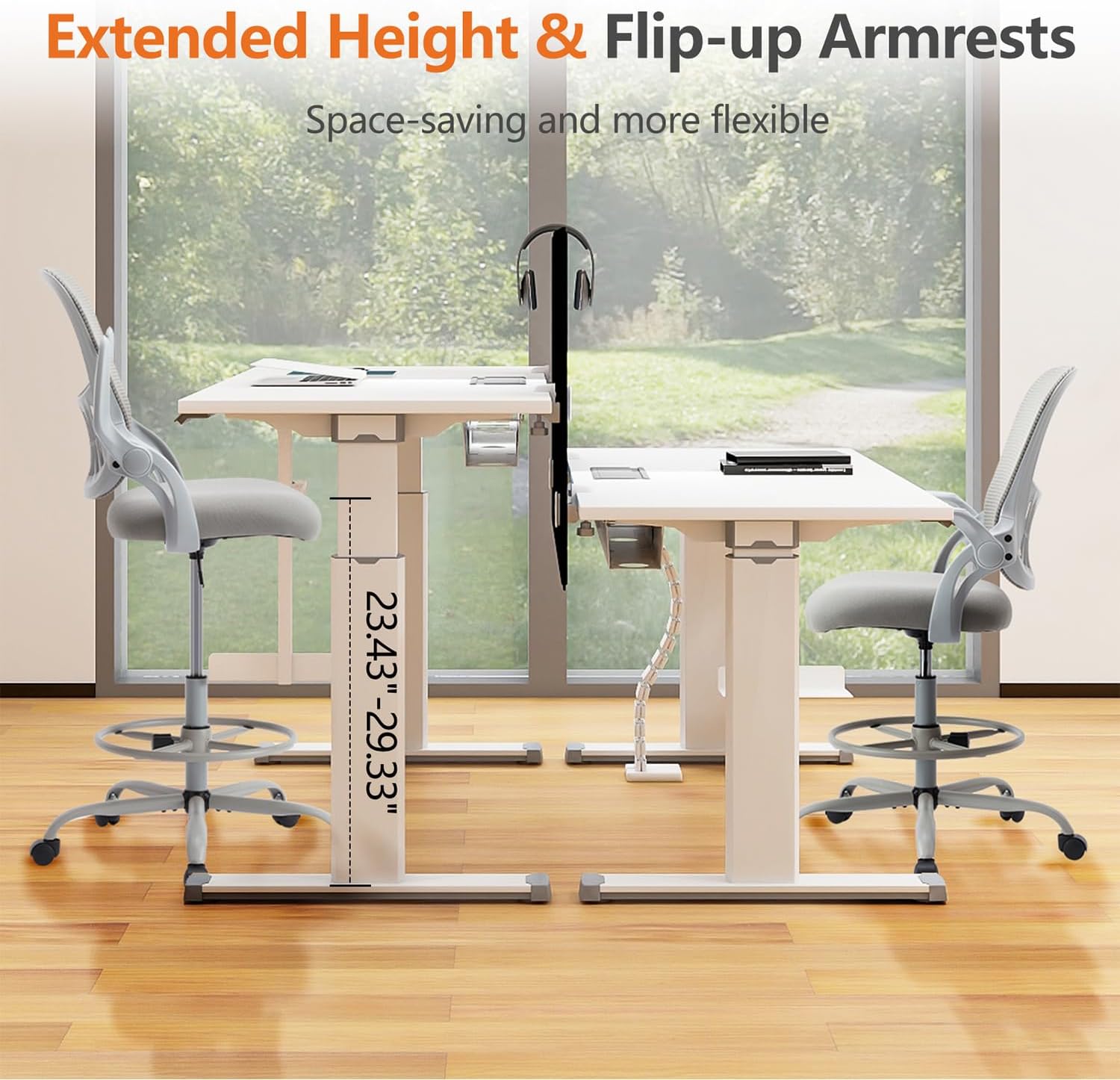 Drafting Chair, Desk Chair with Flip-Up Armrests, High Desk Chair Adjustable Height, Ergonomic Tall Office Chair with Lumbar Support and Adjustable Footrest Ringand Flip-up Armrests (Gray)