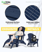 Folding Adirondack Chair Set 3-Piece - 38" Extra Tall Back & Embossed Wood Grain, Oversized HDPE Patio Furniture with Side Table & Cup Holders, 380lb Heavy Duty, Navy Blue
