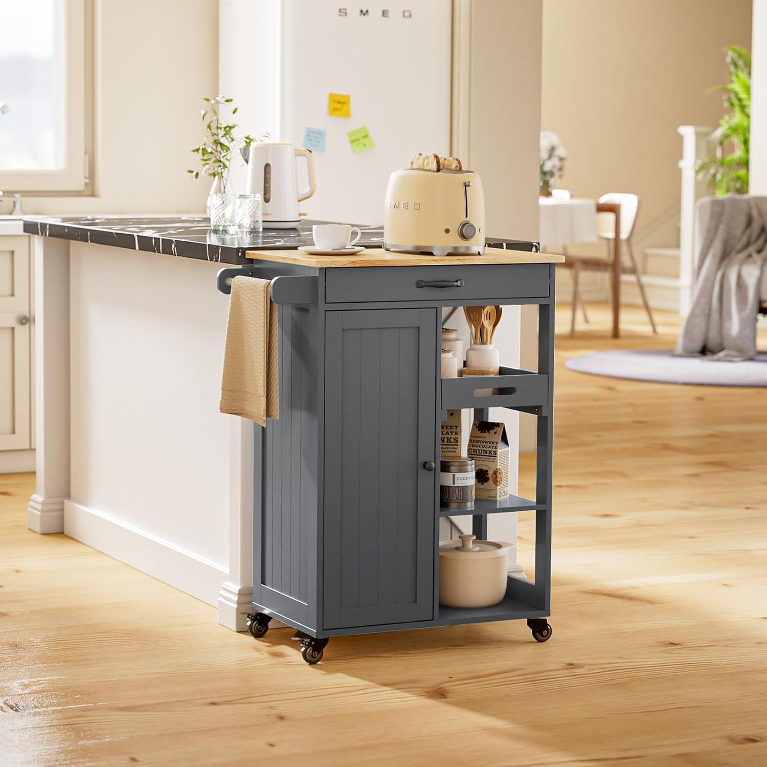Gizoon Kitchen Cart, Rolling Kitchen Island Cart | Drawer, 22.8''W Countertop, Adjustable Shelve, Door, 4 Wheel, 3 Hook, Towel Rack, Multifunctional Storage Trolley, Grey