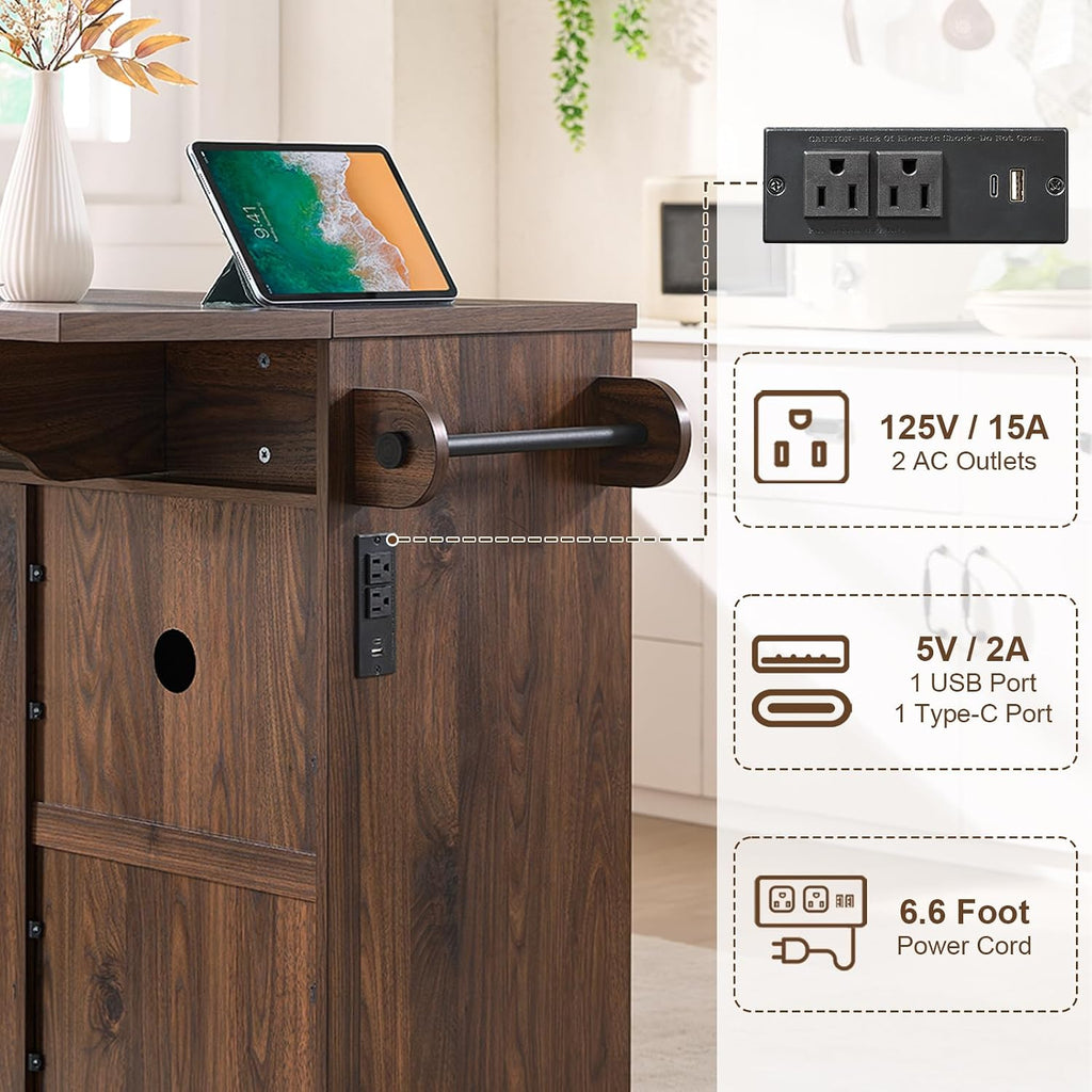 Okvnbjk 57" Rolling Kitchen Island with Storage & Drop Leaf, Walnut | Mobile Island with Trash Can Storage Cabinet, Power Outlet, Large Island Cart on Wheels with Spice & Towel Rack, Knife Holder