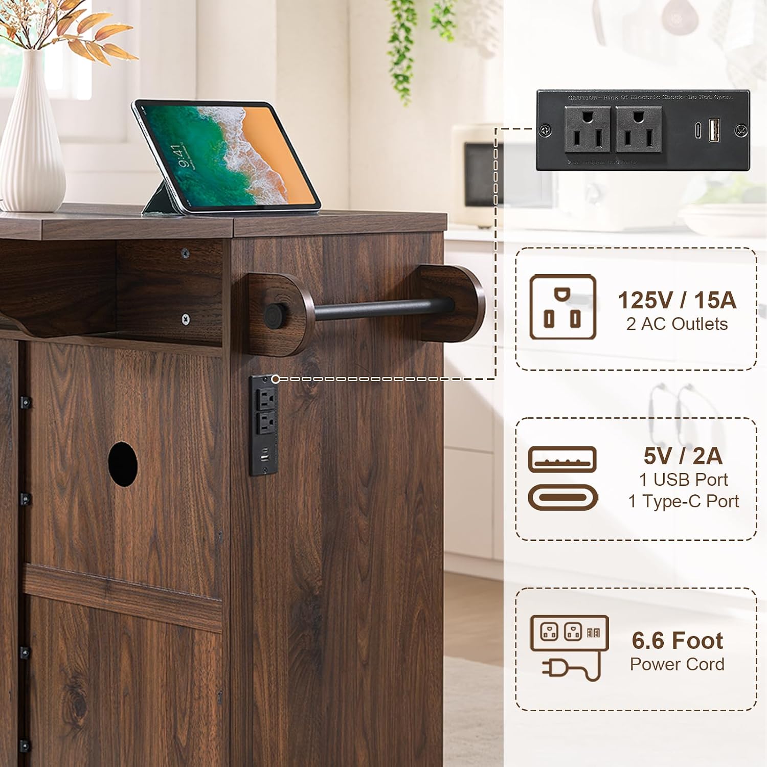 Okvnbjk 57" Rolling Kitchen Island with Storage & Drop Leaf, Walnut | Mobile Island with Trash Can Storage Cabinet, Power Outlet, Large Island Cart on Wheels with Spice & Towel Rack, Knife Holder