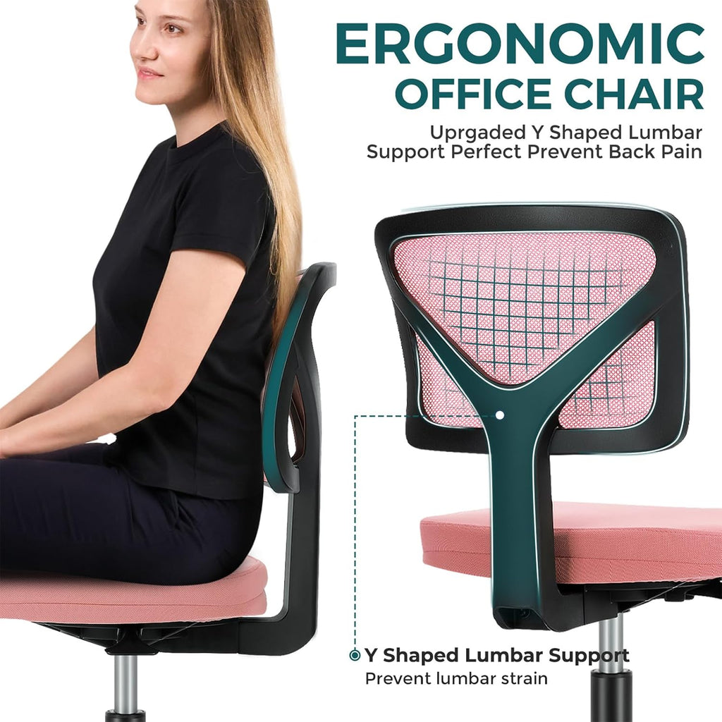 DUMOS Small Office Chair Armless, Ergonomic Adjustable Home Office Swivel Rolling Task Chair No Arms, Comfy Mesh Mid Back Computer Work Vanity Desk Chiars with Wheels for Small Spaces, Hot Pink