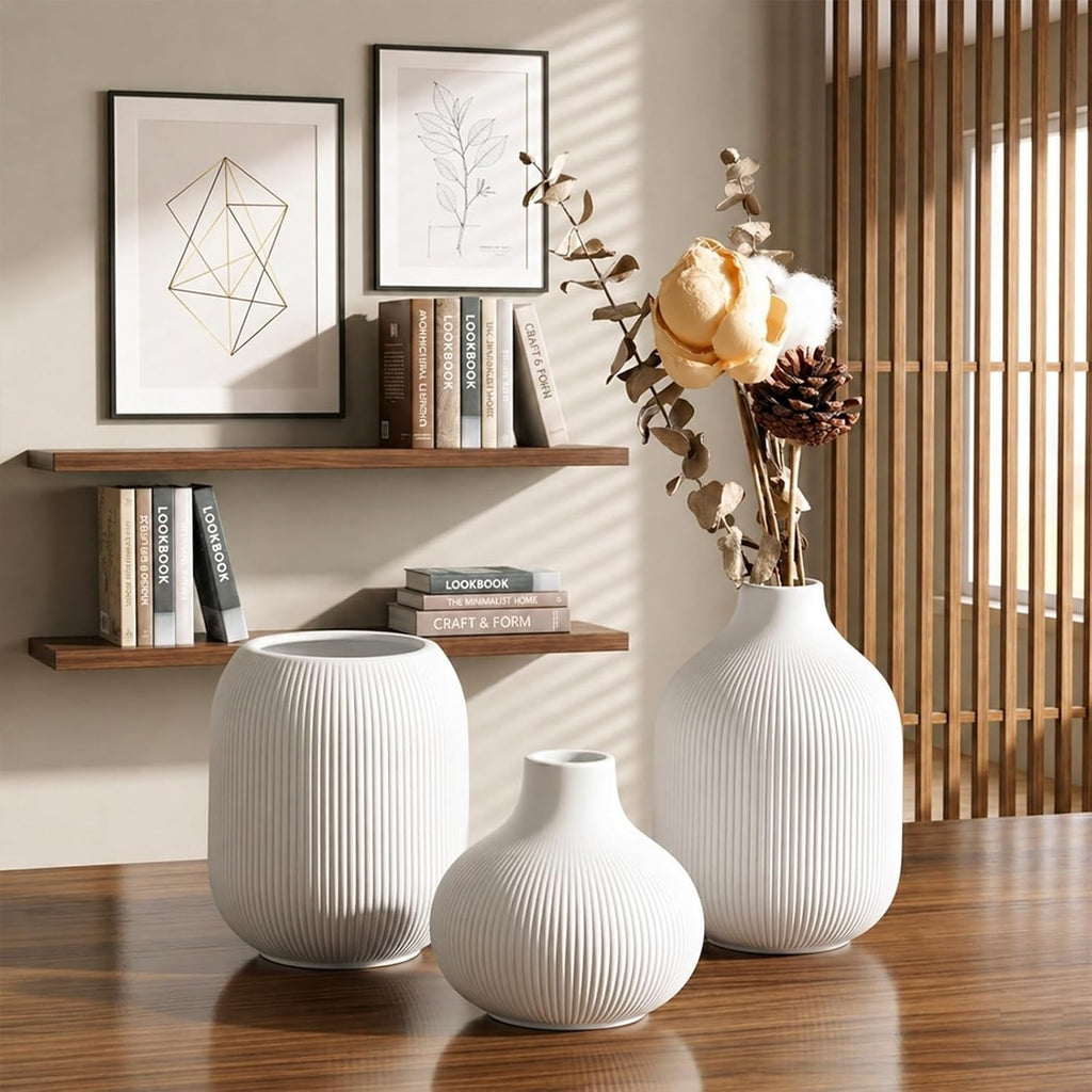 Ceramic Vase Set for Decor, Small Bud Vases, Pastel Decorative Vases for Table, Shelf, Living Room, Kitchen, Nursery, Dorm, (White)