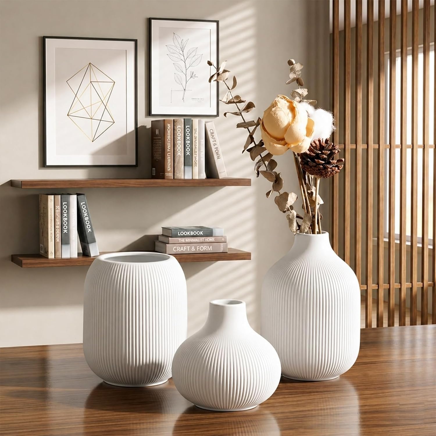 Ceramic Vase Set for Decor, Small Bud Vases, Pastel Decorative Vases for Table, Shelf, Living Room, Kitchen, Nursery, Dorm, (White)