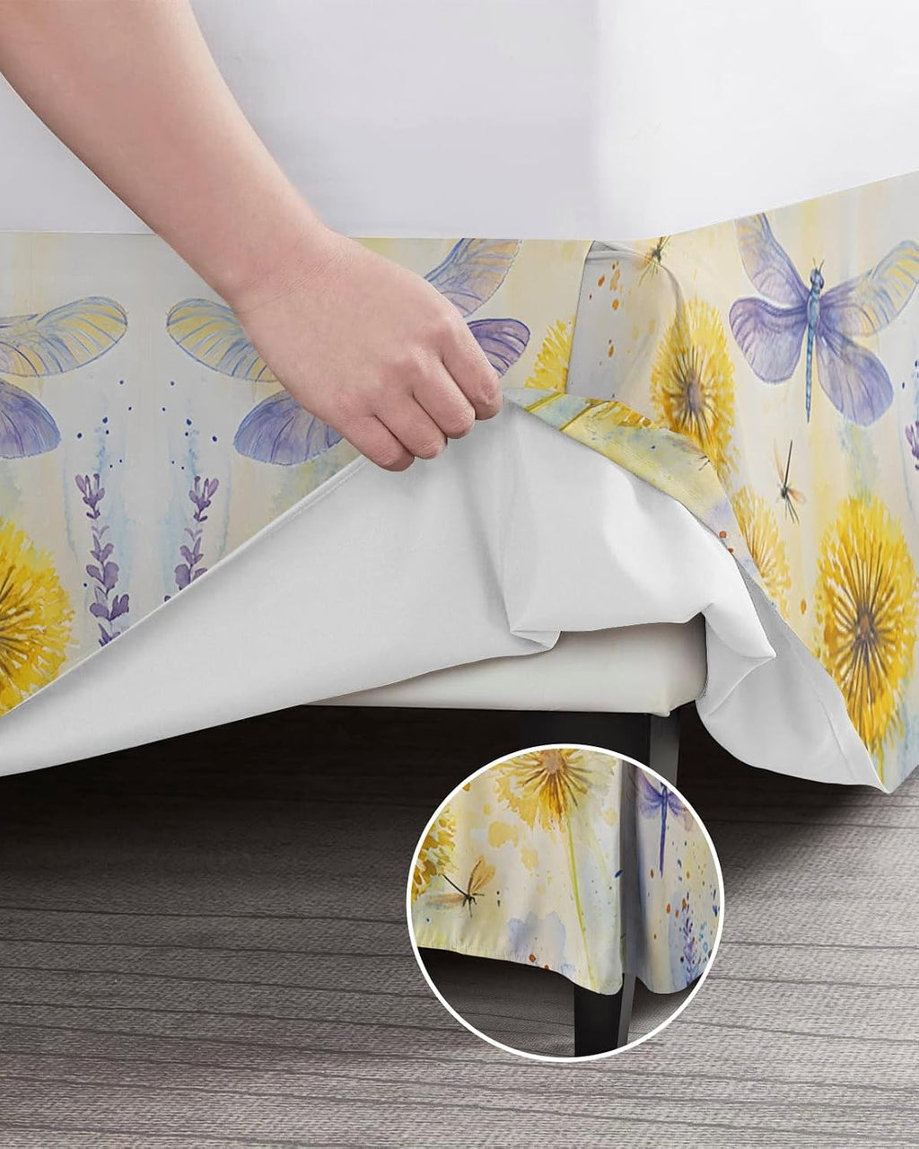 Bed Skirt Queen Size Yellow Dandelions Pleated Dust Ruffle Easy Fit Bedskirts with 16 Inch Drop Purple Dragonfly Wrinkle and Fade Resistant Bedroom Decor