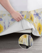 Bed Skirt Queen Size Yellow Dandelions Pleated Dust Ruffle Easy Fit Bedskirts with 16 Inch Drop Purple Dragonfly Wrinkle and Fade Resistant Bedroom Decor