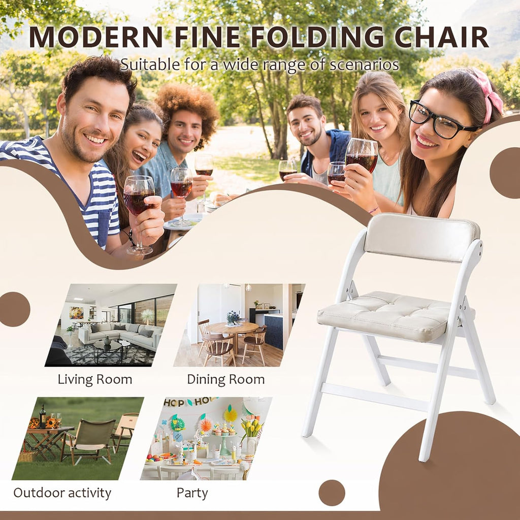 Wood Folding Chairs Set of 2, Upholstered Foldable Dining Chairs with Padded Seat and Backrest, Portable Accent Chairs for Kitchen, Dining Room, Apartment, Office, Guest Seating, White