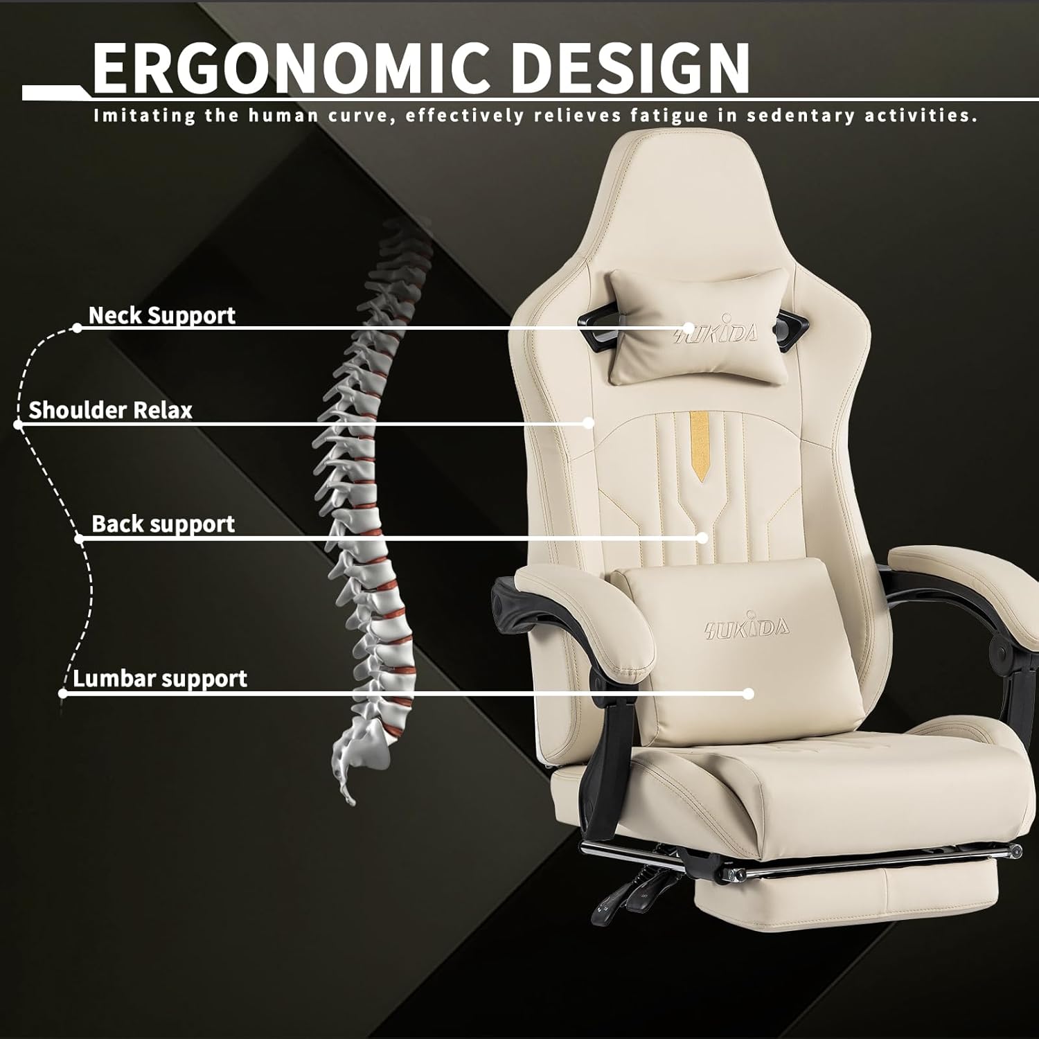Gaming Chair with Footrest Ergonomic Computer Chair Massage Lumbar Cushion, Racing Video Game Chair Adjustable Rocker Recliner Executive Office Desk Chair Pu Leather for Adults, Beige