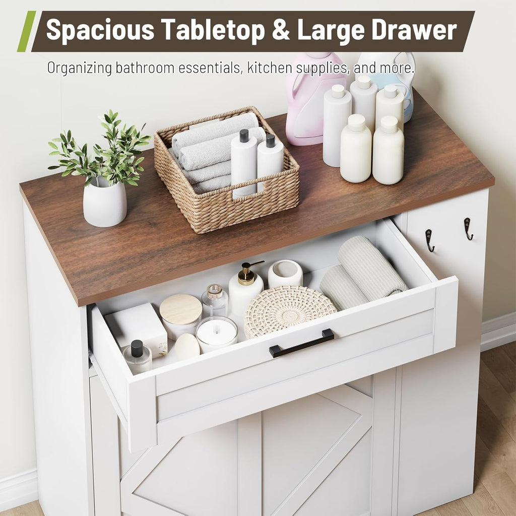 Laundry Hamper Cabinet, Double Laundry Cabinet with Two 11 Gallon Baskets and Drawer, Pull-Out Storage Unit with Adjustable Shelves, Hooks, for Bathroom, Living Room, Kitchen, White and Walnut
