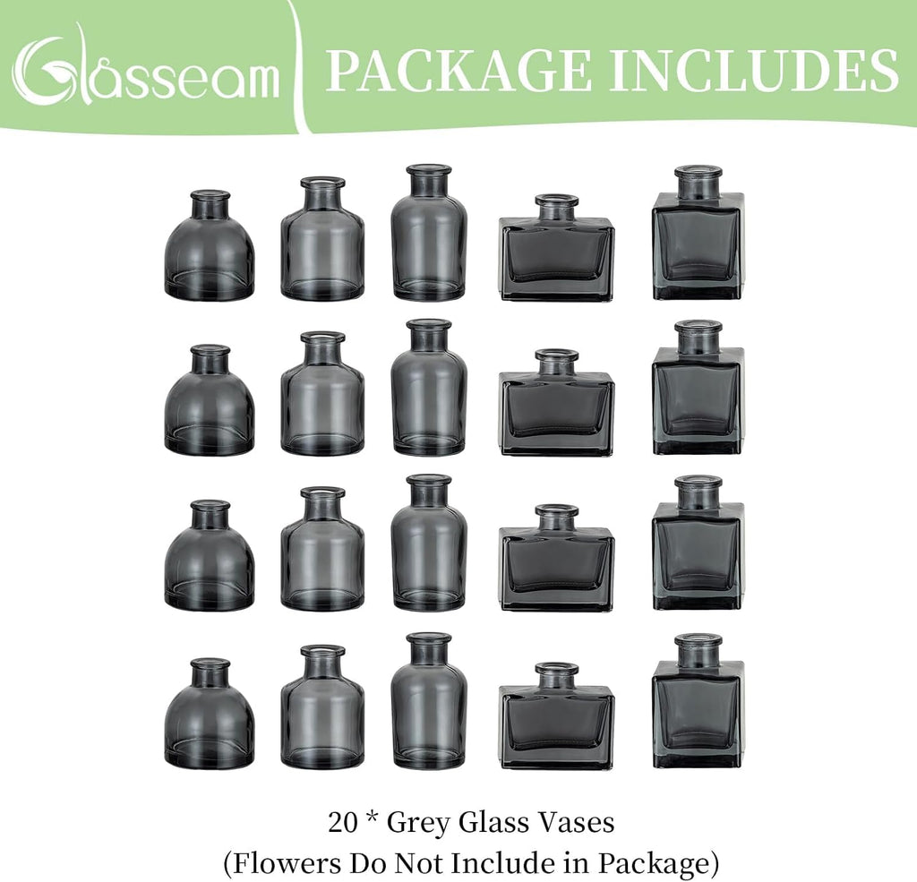 Glasseam Mini Bud Vases for Centerpieces: Clear Small Flower Vase Set of 20 Cute Tiny Glass Table Centerpieces Modern Wedding Birthday Party Baby Shower Dining Room Decoration Black Grey