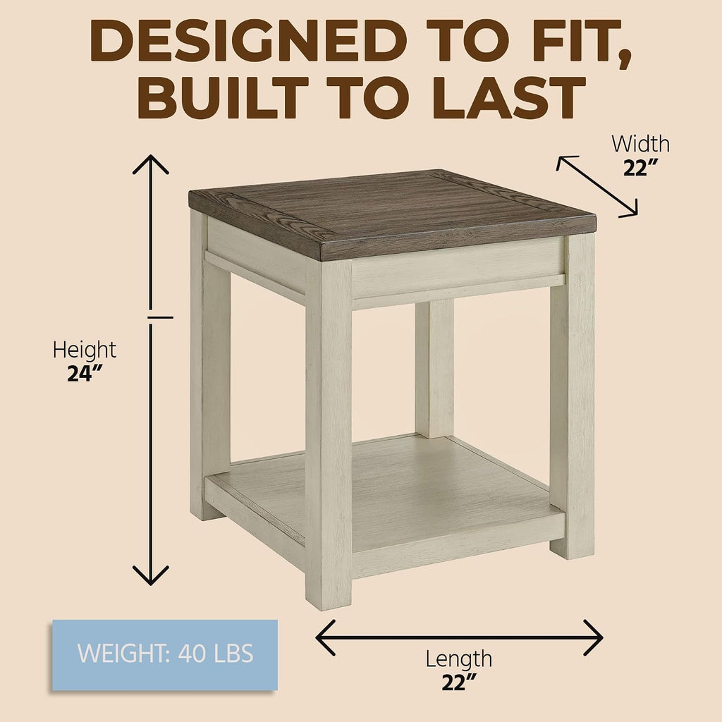 ROME + OAK Tate Farmhouse End Table, Wooden Home Accent Furniture with Shelf, Weathered Brown and Cream - for Living Rooms, Bedrooms, or Entryways