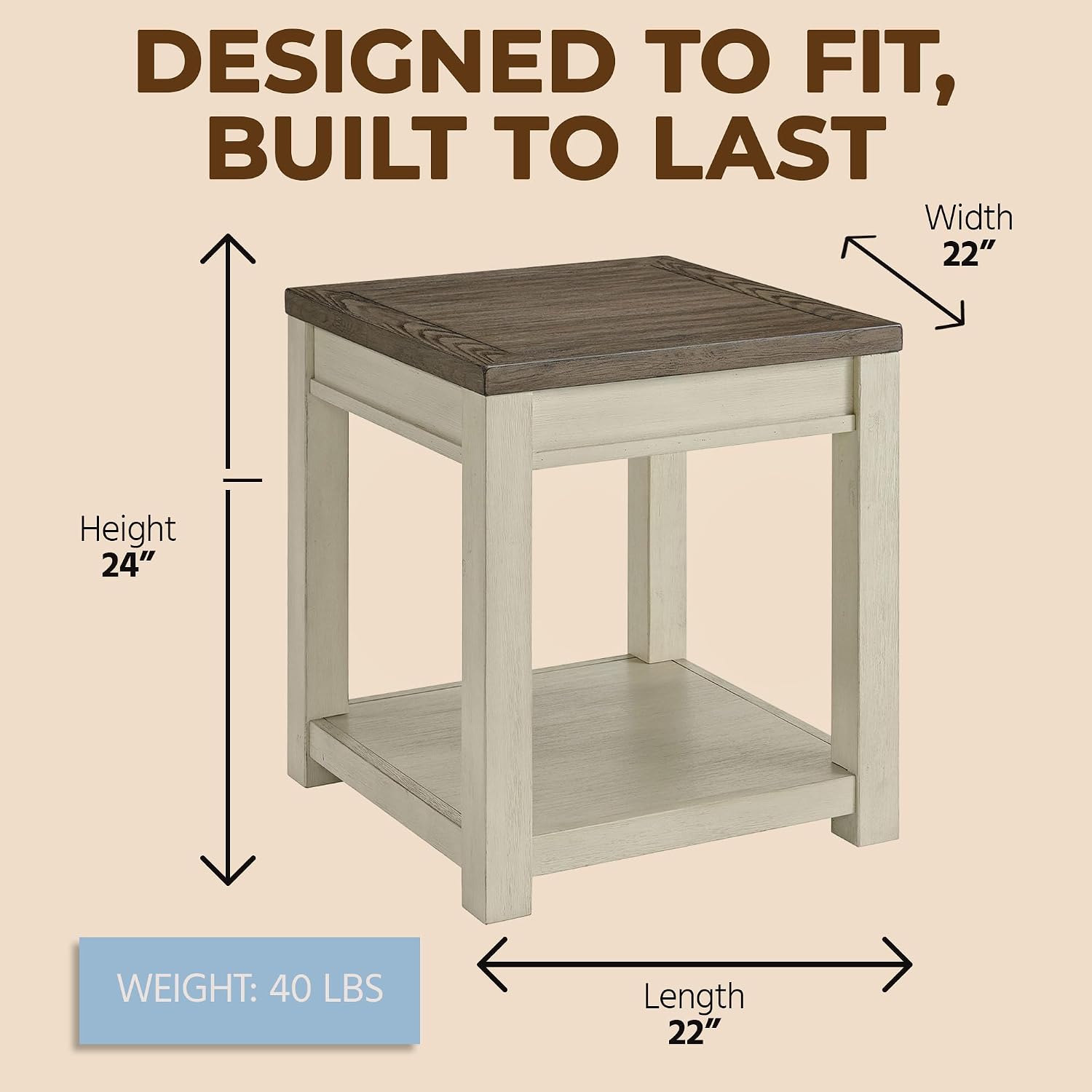 ROME + OAK Tate Farmhouse End Table, Wooden Home Accent Furniture with Shelf, Weathered Brown and Cream - for Living Rooms, Bedrooms, or Entryways