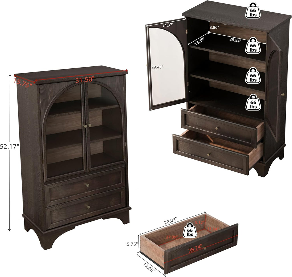 52.17" Tall Display Cabinet with Arched Glass Doors (Brown) | Farmhouse Curio Cabinet Display Case with 2 Storage Drawers and Adjustable Shelves, Glass Display Cabinets for Living Room