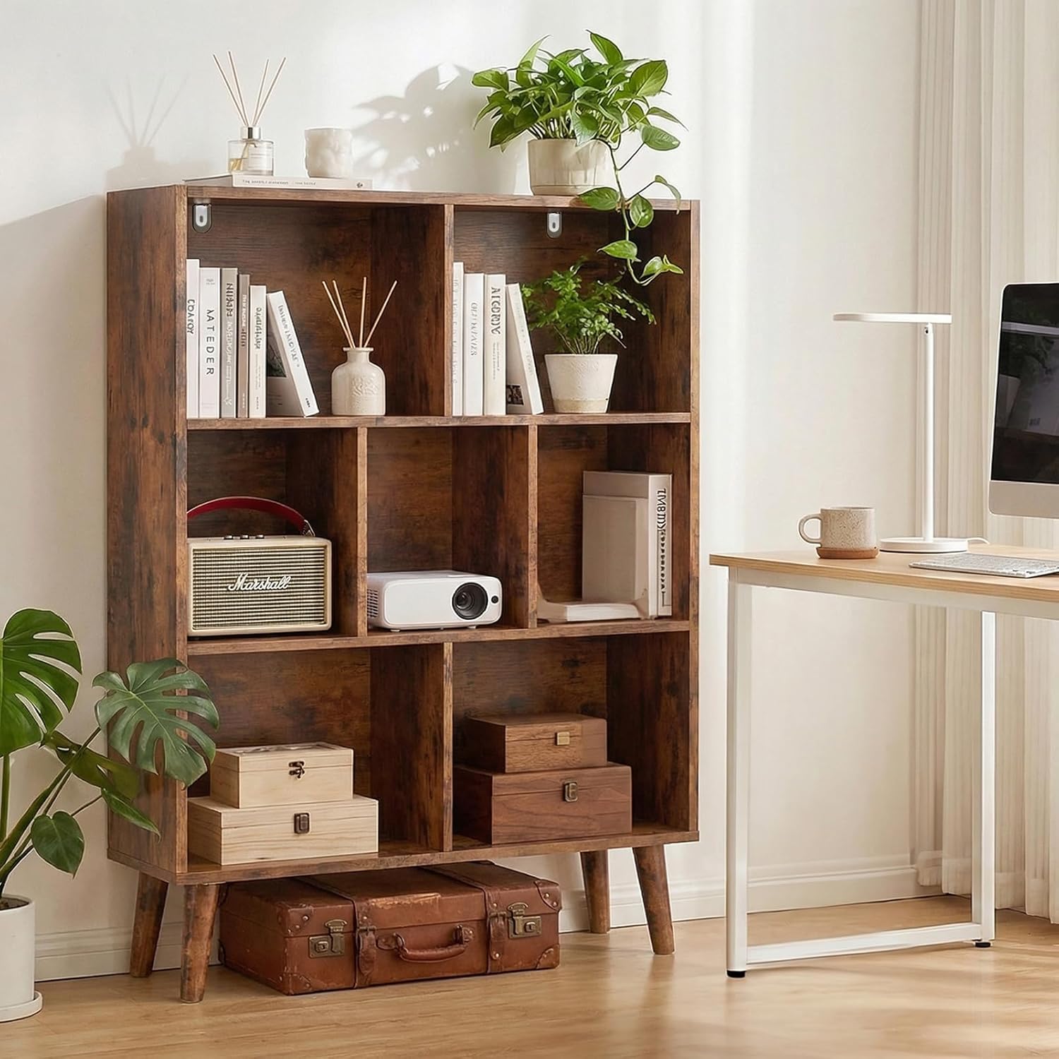DUMOS Bookshelf, 7 Cube Storage Organizer with Legs, 3-Tier Modern Wooden Bookcase, Open Standing Display Shelf for Living Room, Bedroom, Office, Rustic Brown