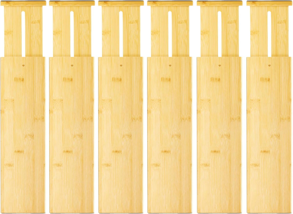 VaeFae 6 Pack Bamboo Drawer Dividers, 4" High Adjustable 16.6" - 21.8" Clothes Drawer Organizers, Expandable Separators for Bedroom/Bathroom/Kitchen/Office Storage