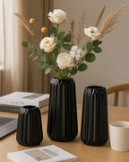 Black Ceramic Vases Set of 3 – Modern Ribbed Vase Centerpieces for Pampas Grass, Eucalyptus, Dried or Fresh Flowers, Minimalist Home Decor for Living Room, Bookshelf, Table & Office