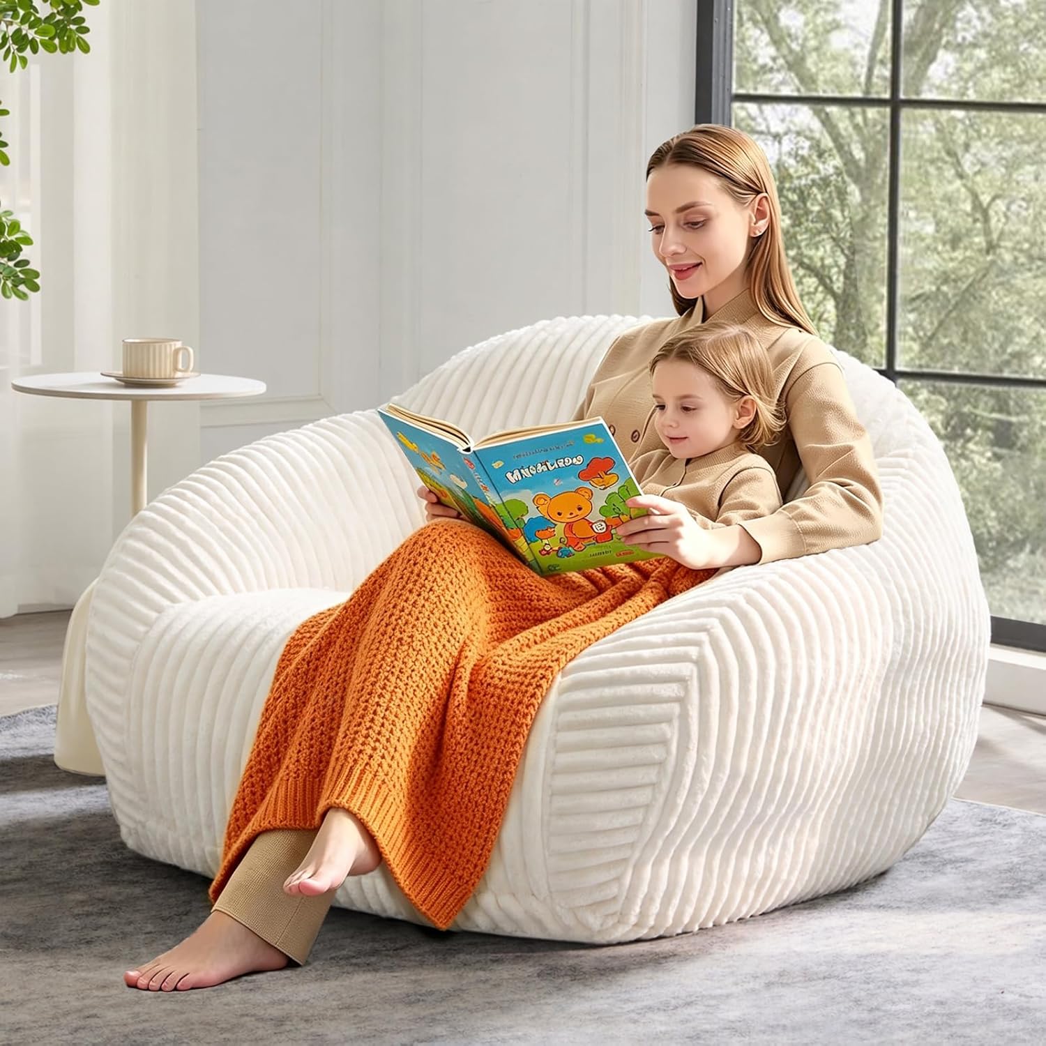 HUGHEAVEN Large Bean Bag Chairs for Adults, Adult Bean Bag Chair with Back Support, Reading Chair for Bedroom, Beige