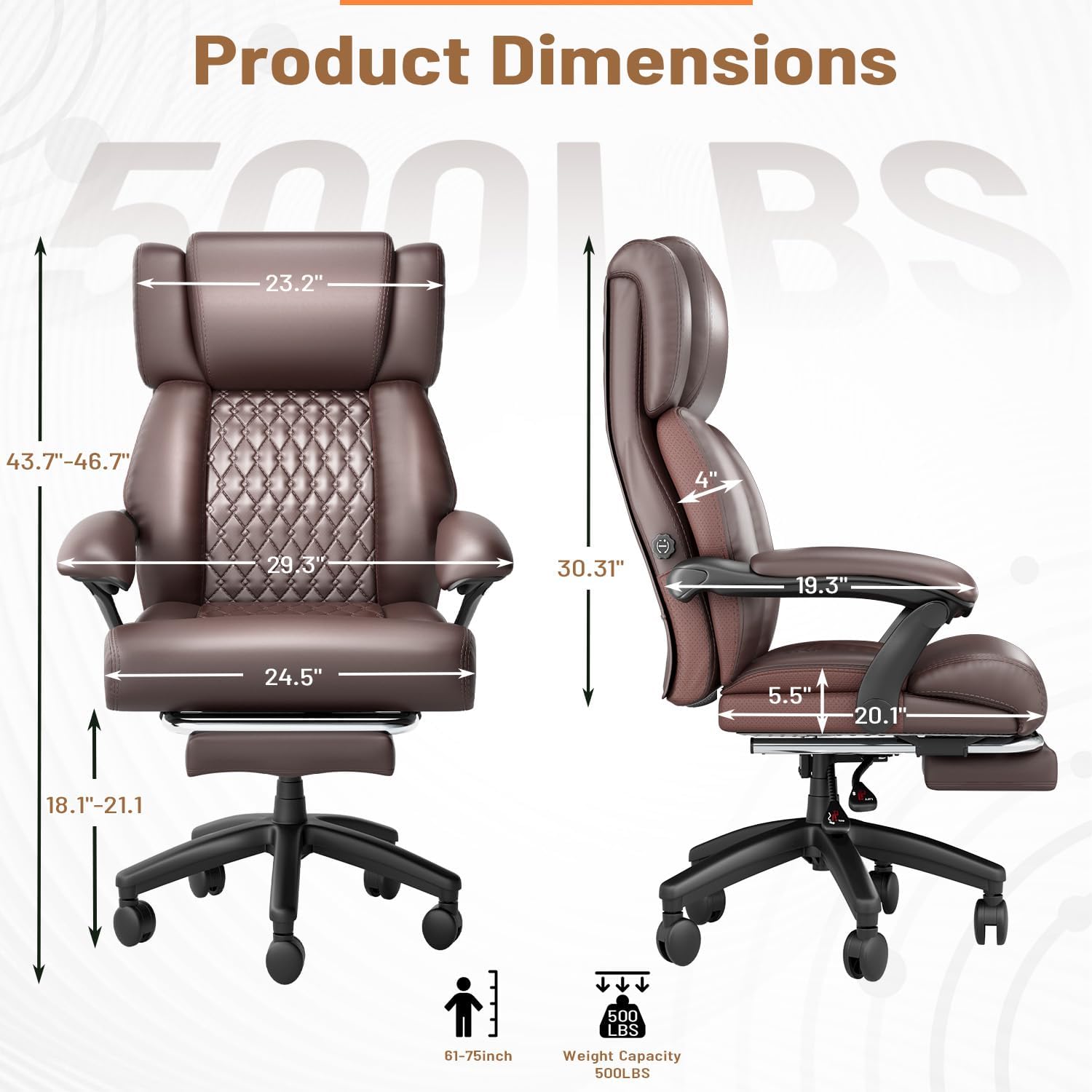 HOMREST 500lbs Big and Tall Office Chair, Ergonomic Heavy Duty Chair with Adjustable Lumbar Support & Backrest, Executive Leather Office Chair with Wide Armrests and Wheels (Brown)