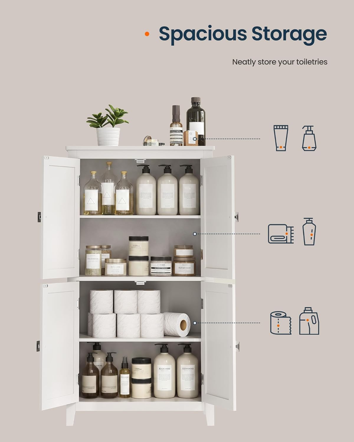SONGMICS HOME Freestanding Storage Cabinet, Floor Cabinet with Elevated Legs, Metal Handles, for Living Room, Kitchen, Bathroom, White