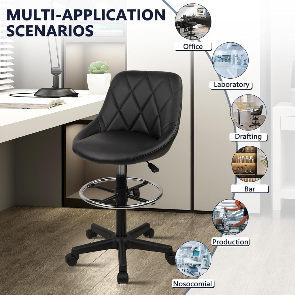 KLASIKA Adjustable Drafting Chair with Backrest & Wheels, Tall Swivel Rolling Stool with Height Adjustable Footrest, PU Leather Ergonomic Office Desk Chair for Workshop Home Kitchen Bar, Black