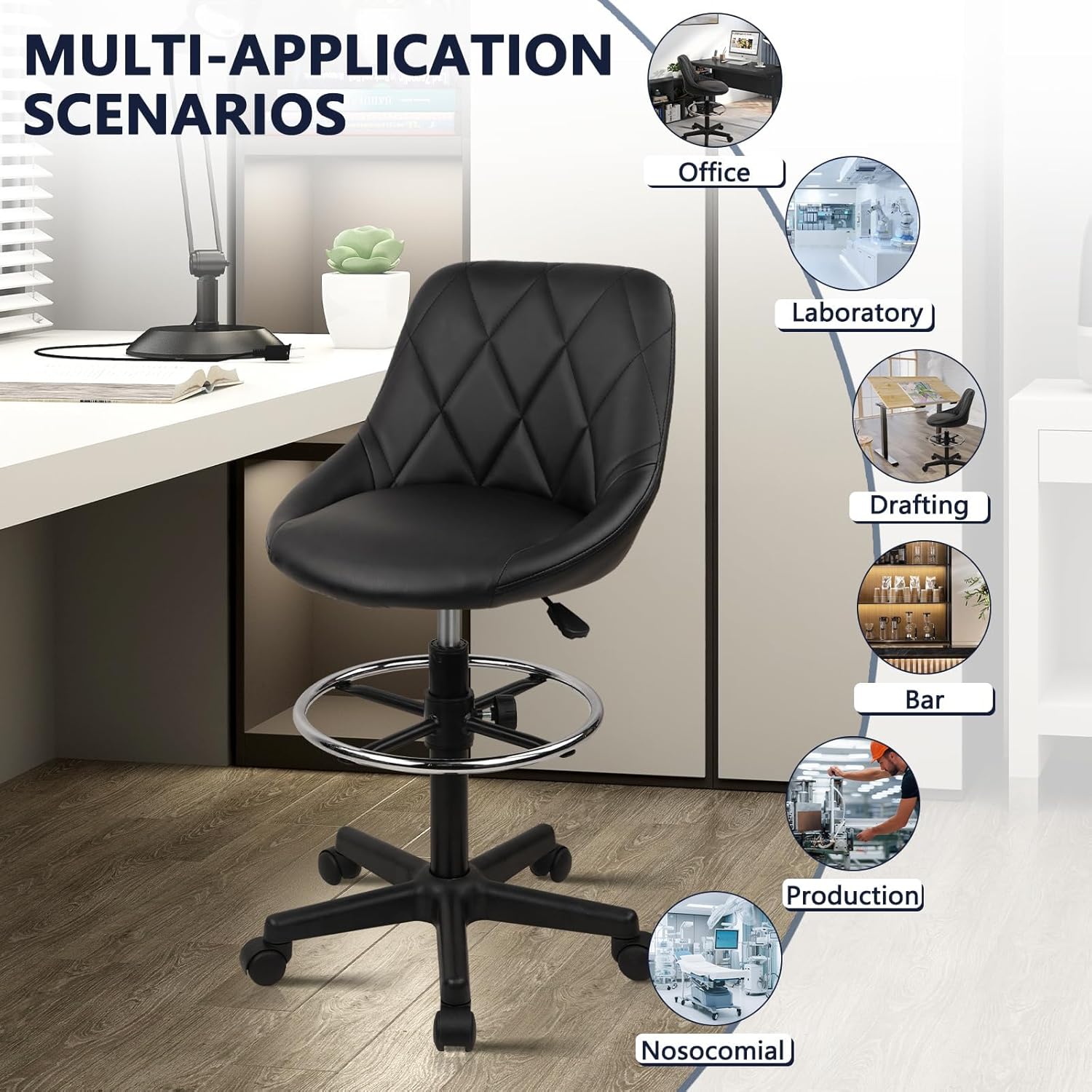 KLASIKA Adjustable Drafting Chair with Backrest & Wheels, Tall Swivel Rolling Stool with Height Adjustable Footrest, PU Leather Ergonomic Office Desk Chair for Workshop Home Kitchen Bar, Black