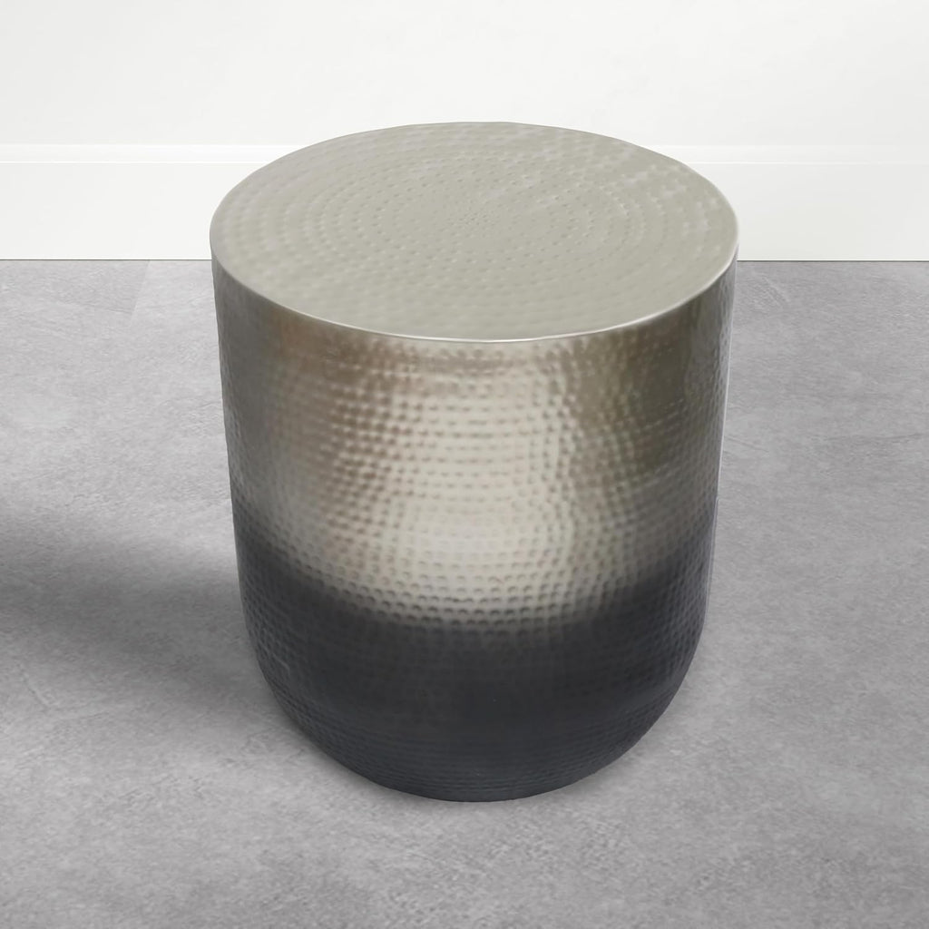 SIMPLIHOME Nova Metal Table - 19 inch Wide Solid Iron Drum Accent Table in Smoke Grey Ombre, Boho Sculptural End Table for Living Room with Hand-Hammered Design and Metallic Finish, Assembled