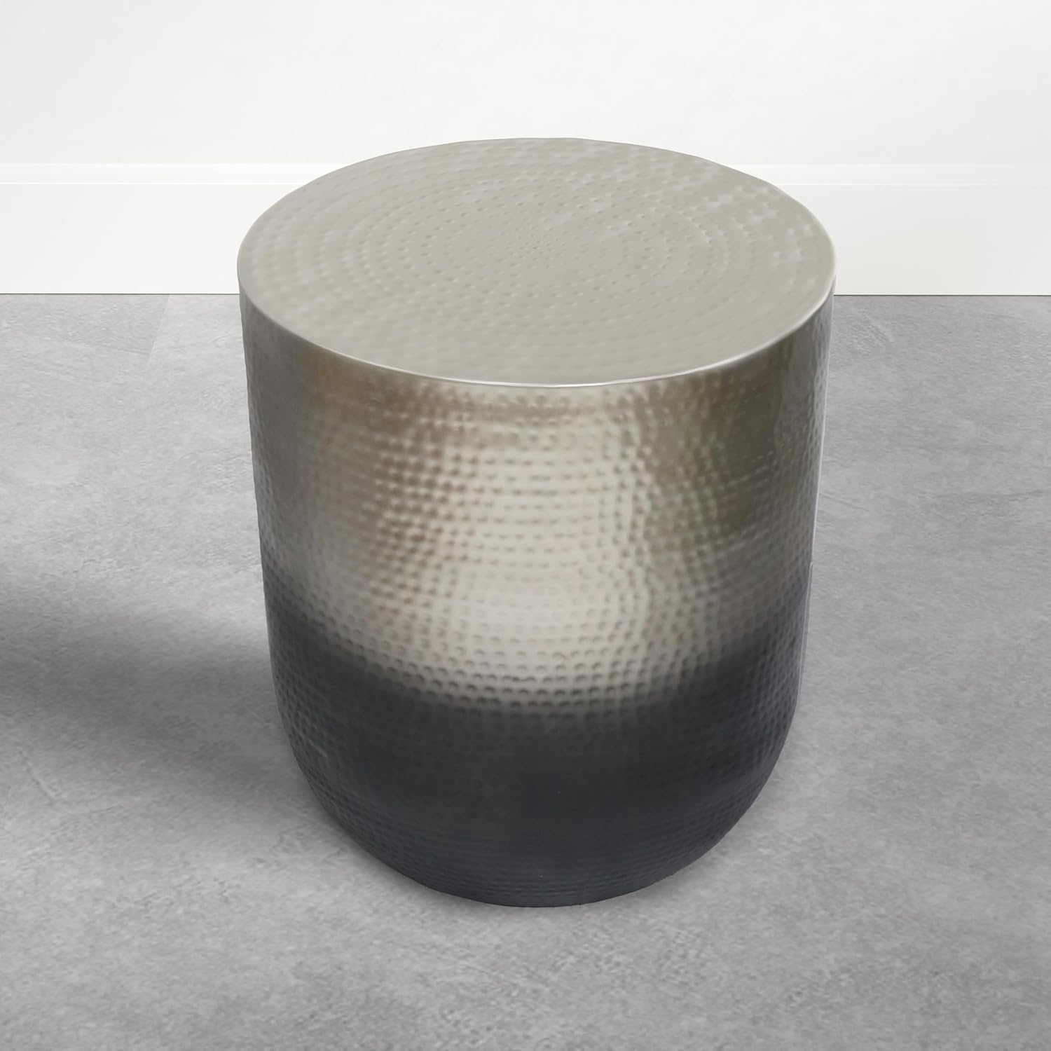 SIMPLIHOME Nova Metal Table - 19 inch Wide Solid Iron Drum Accent Table in Smoke Grey Ombre, Boho Sculptural End Table for Living Room with Hand-Hammered Design and Metallic Finish, Assembled