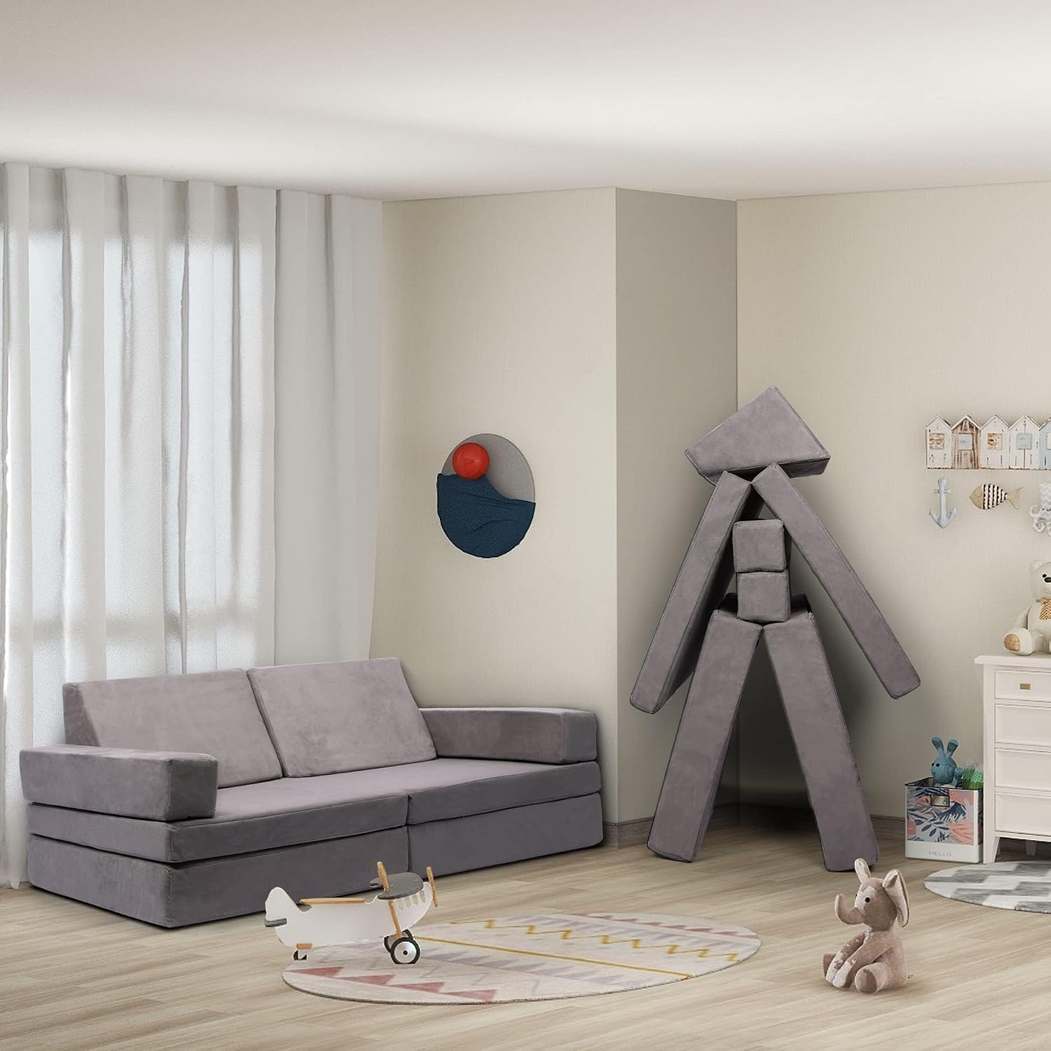 Betterhood Modular Kids Play Couch, Kids Couch Building Fort for Playroom, Children Convertible Foam Cushion for Boys and Girls (Square Armrest, Grey)