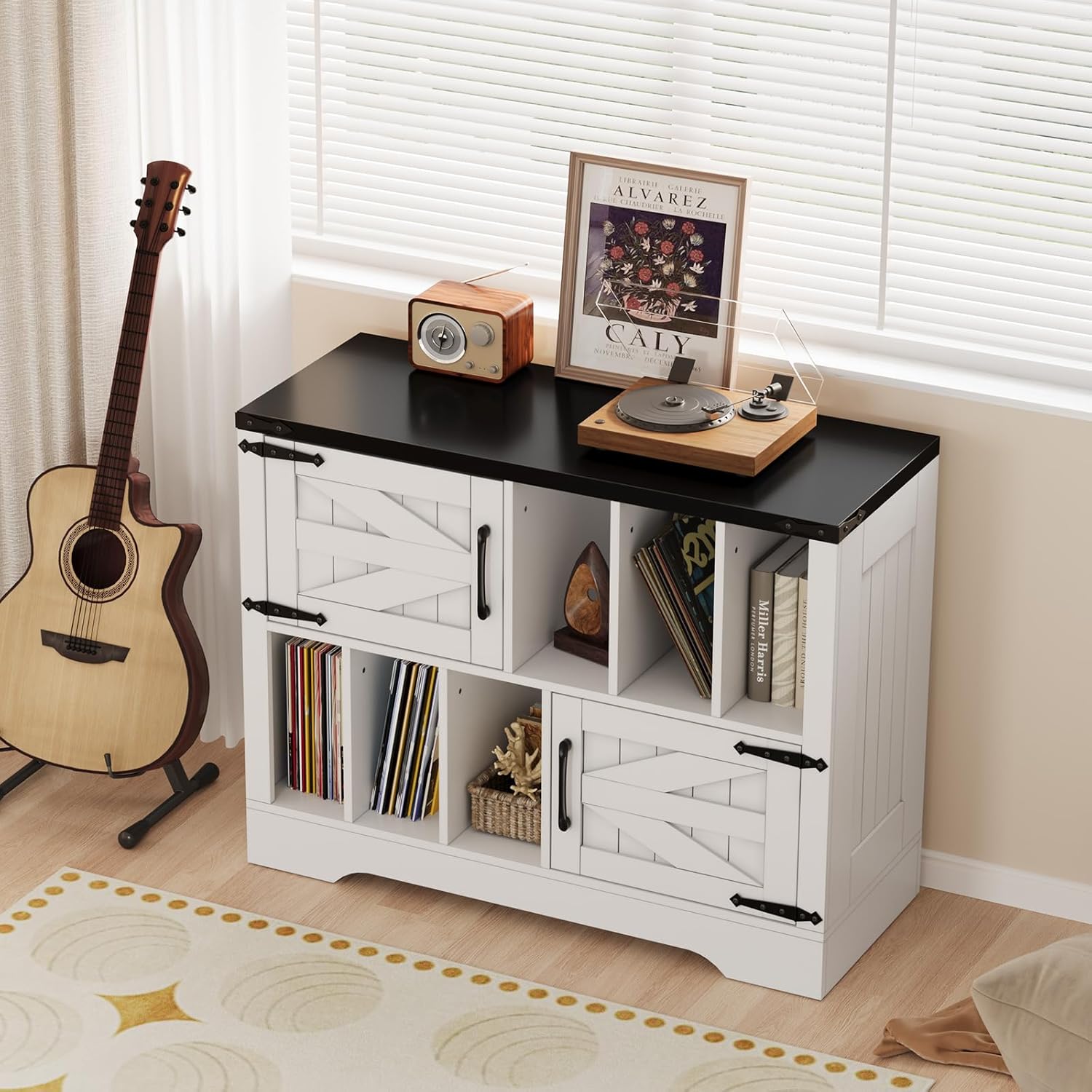 39in Large Record Player Stand with Vinyl Storage, Farmhouse Wood Turntable Cabinet with 2 Barn Doors, Mid-Century Modern Record Storage Holds Up to 450 Albums for Living Room Bedroom- White