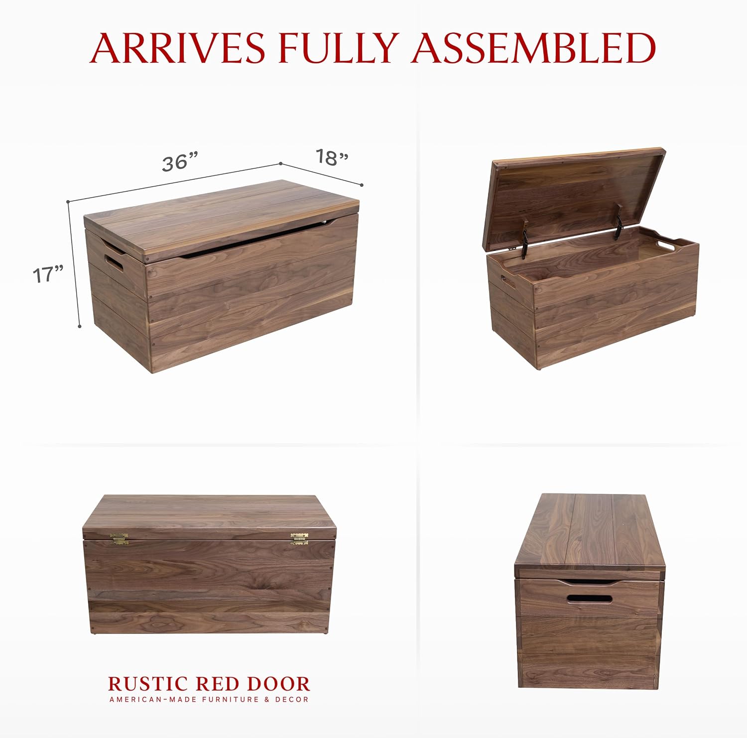 Amish Made Wooden Storage Chest Trunk Box with Lid and Handles for Bedroom, Blanket, Clothes, Anti-Slam Hinges, Handmade, Rustic, Walnut Wood, Natural Stain, 36"