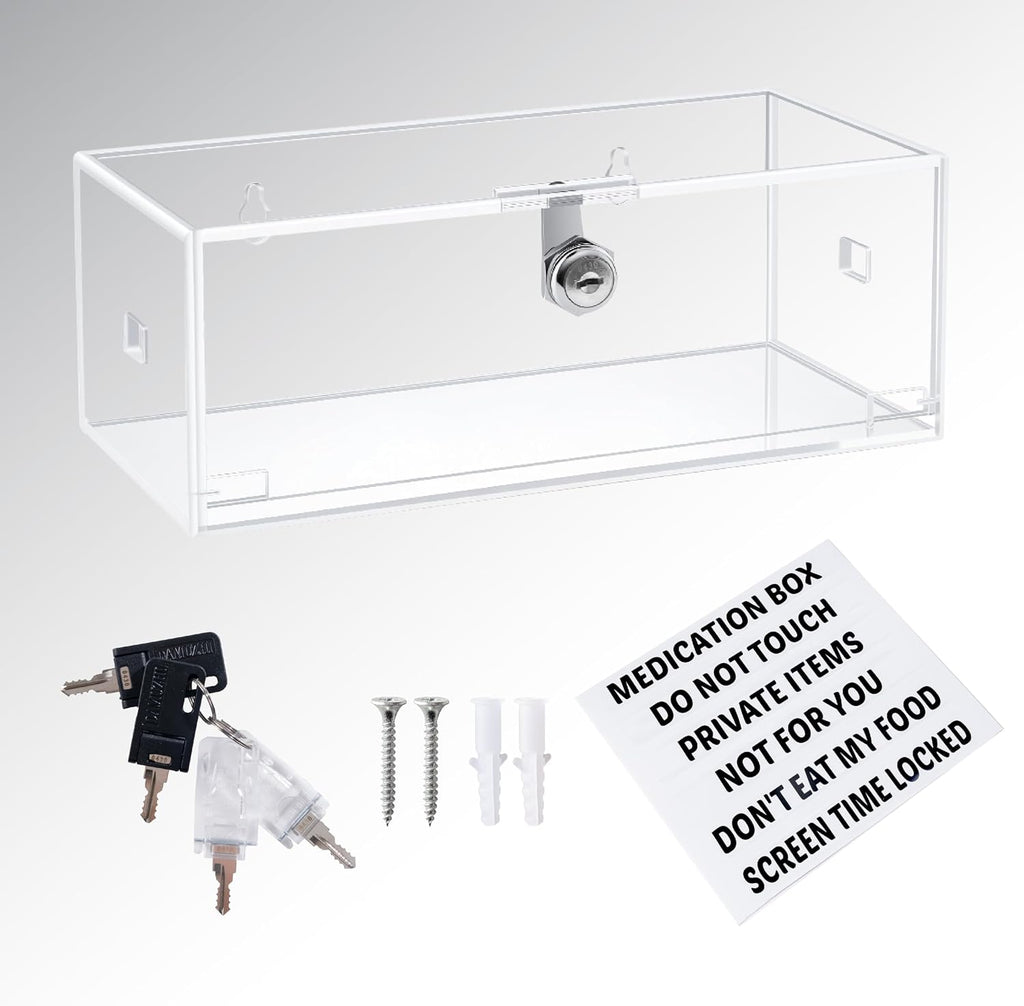 LifeLAZA Acrylic Refrigerator Lock Box, Medication Lock Box With 4 Key, Wall Mount Clear Safe Lockbox with Labels for Phone, Fridge, Food, Medicine