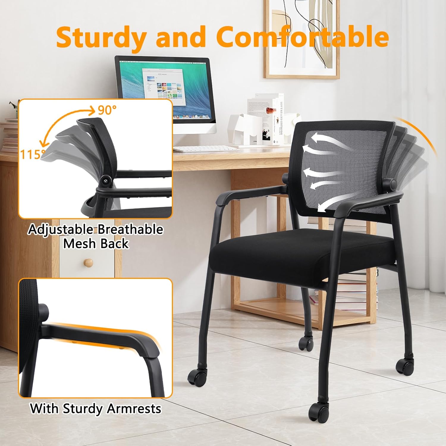 KLASIKA Guest Reception Chair with Adjustable Mesh Backrest and Wheels, Arm Chair with Ergonomic Lumbar Support and Thickened Seats Cushion, Waiting Room Chairs for Office School Lobby Church, Black