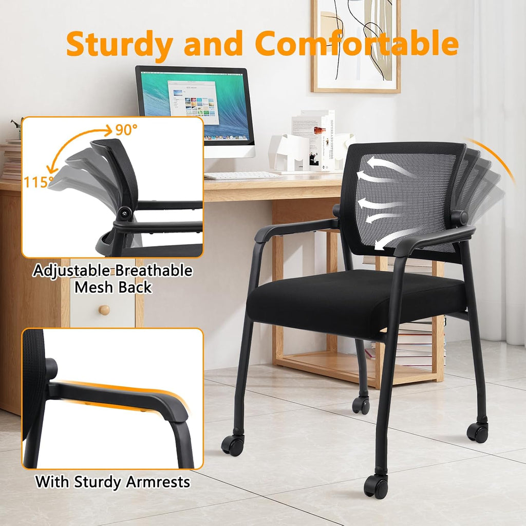KLASIKA Ergonomic Mesh Back Armchairs with Non-Slip Mute Casters and Upholstered Fabric Thickened Seat, Reception Guest Chair with Lumbar Support for School Church Office Conference Room, Black 8Pack