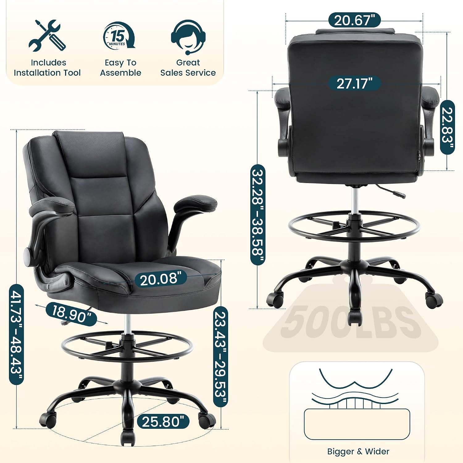 Drafting Chair 500Lbs, Tall Office Chair for Standing Desk, High PU Leather Executive Office Chair with Flip-up Armrests, Ergonomic High Chair with Adjustable Foot Ring, Comfy Stool Chairs, Black