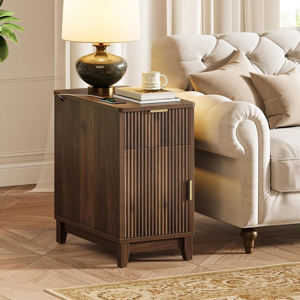 Yoobure End Table with Charging Station - Narrow Side Table for Living Room, Fluted Night Stand with Drawer and Storage Cabinet, Wood Nightstand with Adjustable Shelf for Bedroom Small Spaces