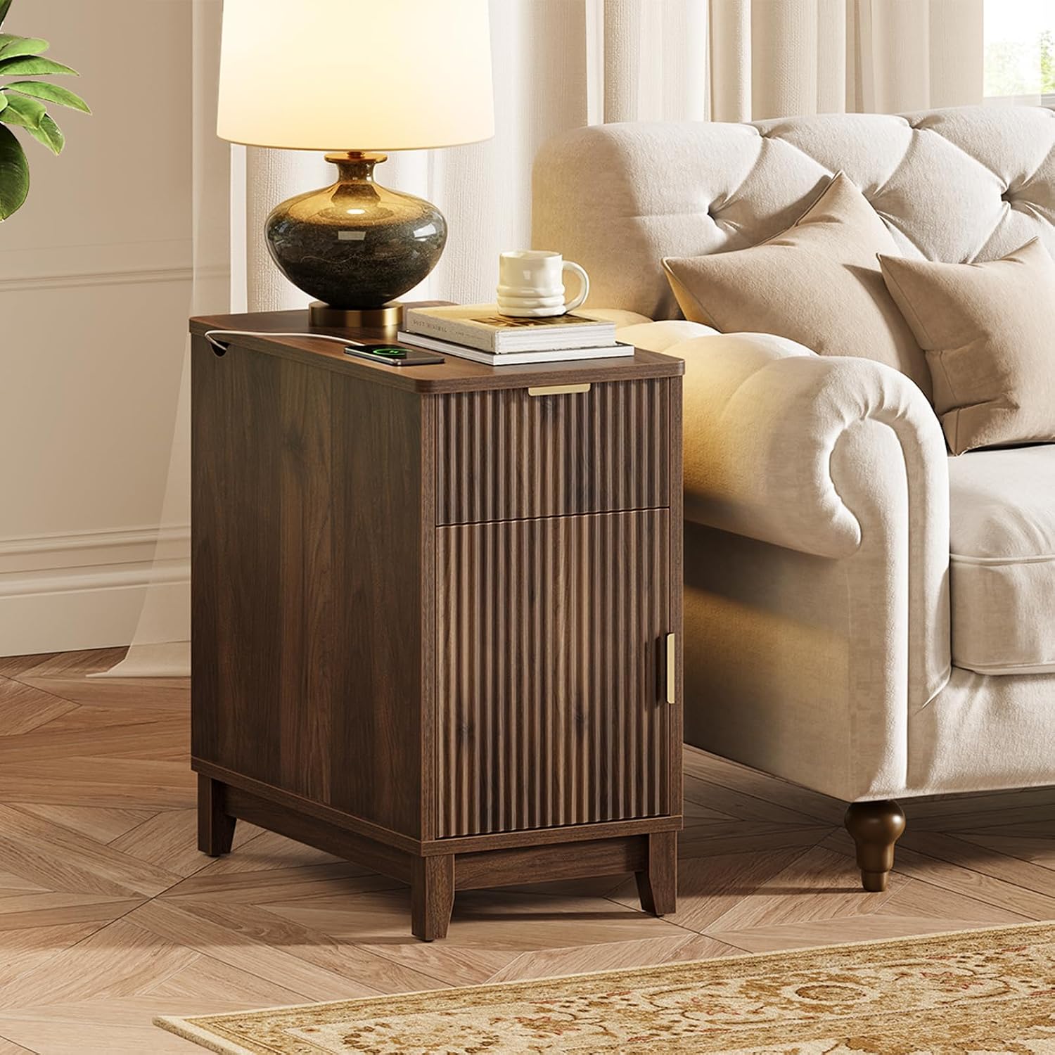 Yoobure End Table with Charging Station - Narrow Side Table for Living Room, Fluted Night Stand with Drawer and Storage Cabinet, Wood Nightstand with Adjustable Shelf for Bedroom Small Spaces
