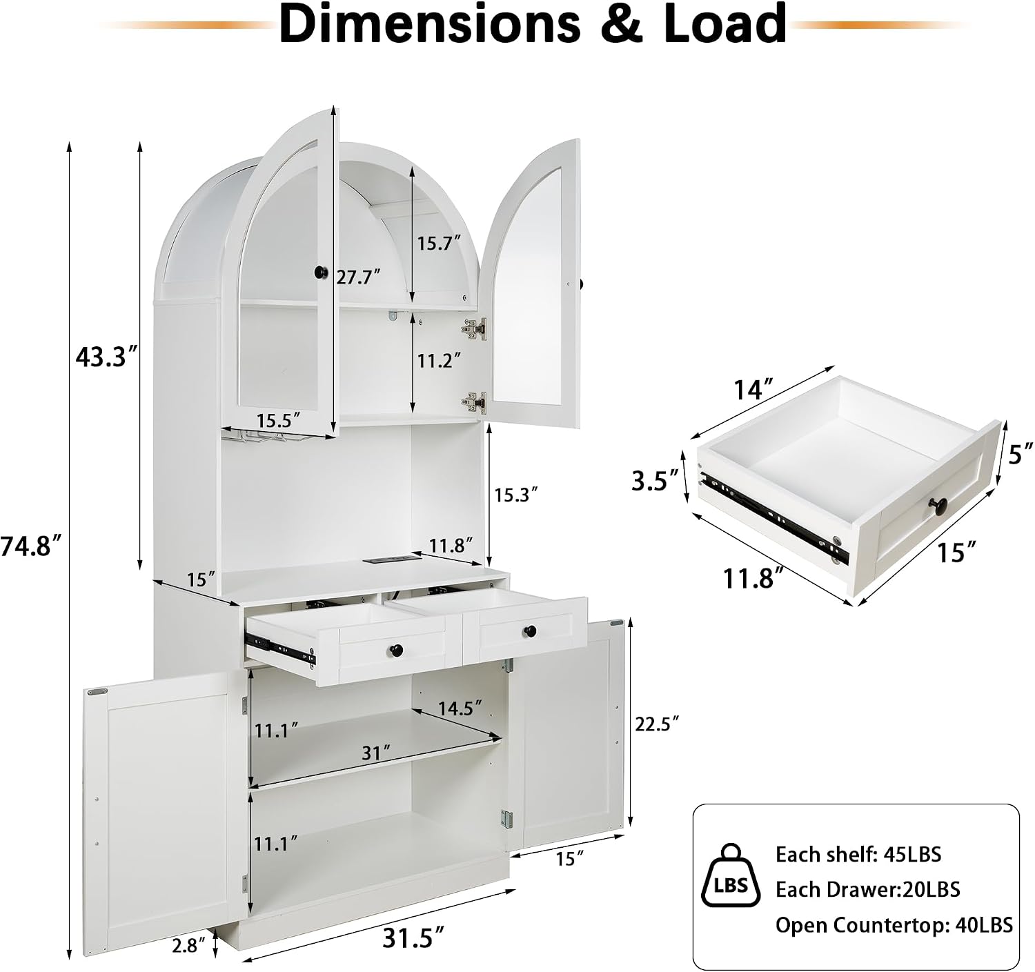 75" Farmhouse Tall Arched Pantry Cabinet with Charging Station & Bar, White | Adjustable Shelves, Open Countertop for Coffee Bar, empered Glass Door, Barn Door Lower Cabinet, Smooth-Glide Drawer