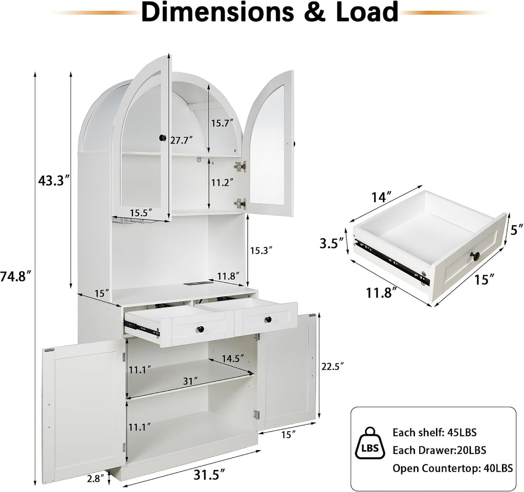 75" Farmhouse Tall Arched Pantry Cabinet with Charging Station, White | Adjustable Shelves, Open Countertop, Barn Door Lower Cabinet, Tempered Glass Display – Versatile Storage for Kitchen