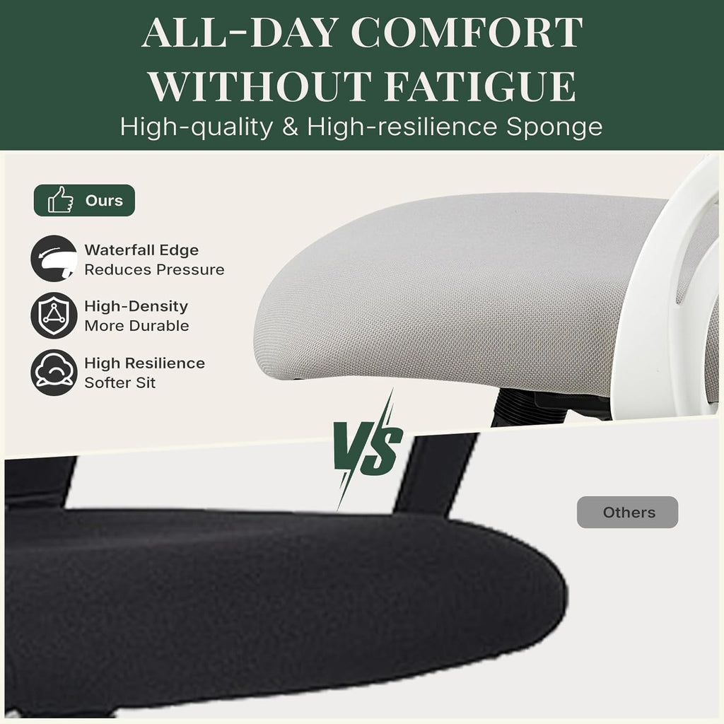 Ergonomic Office Chair, Comfy Desk Chair with Wheels, Adjustable Headrests, Flip-Up Armrests, Breathable Mesh High-Back, Comfortable Swivel Seating for Home Computer, Grey