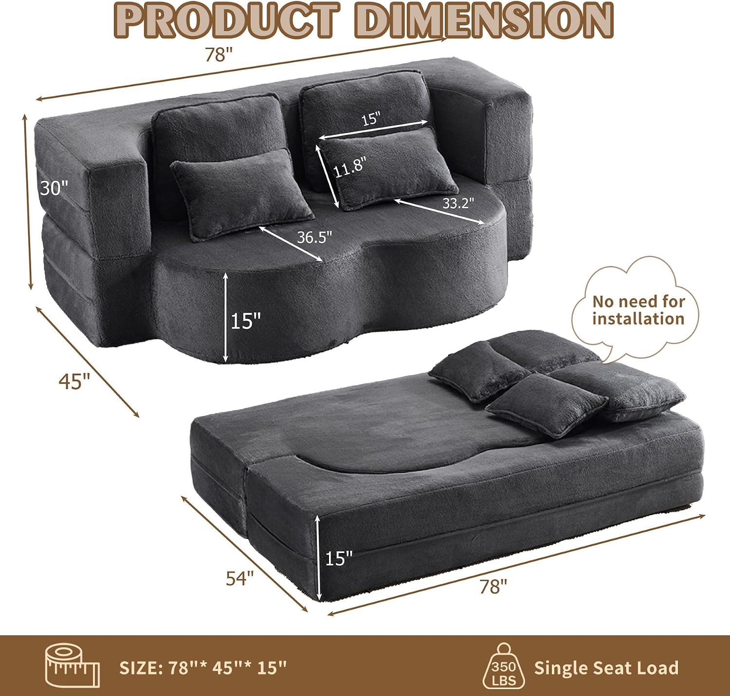 78" Plush Fabric Folding Floor Sofa Couch Bed,Convertible Folding Sofa Bed, Full Size Love Seat Sleeper Bed with 4 Pillows for Living Room Apartment Office (Plush Fabric+Gray)