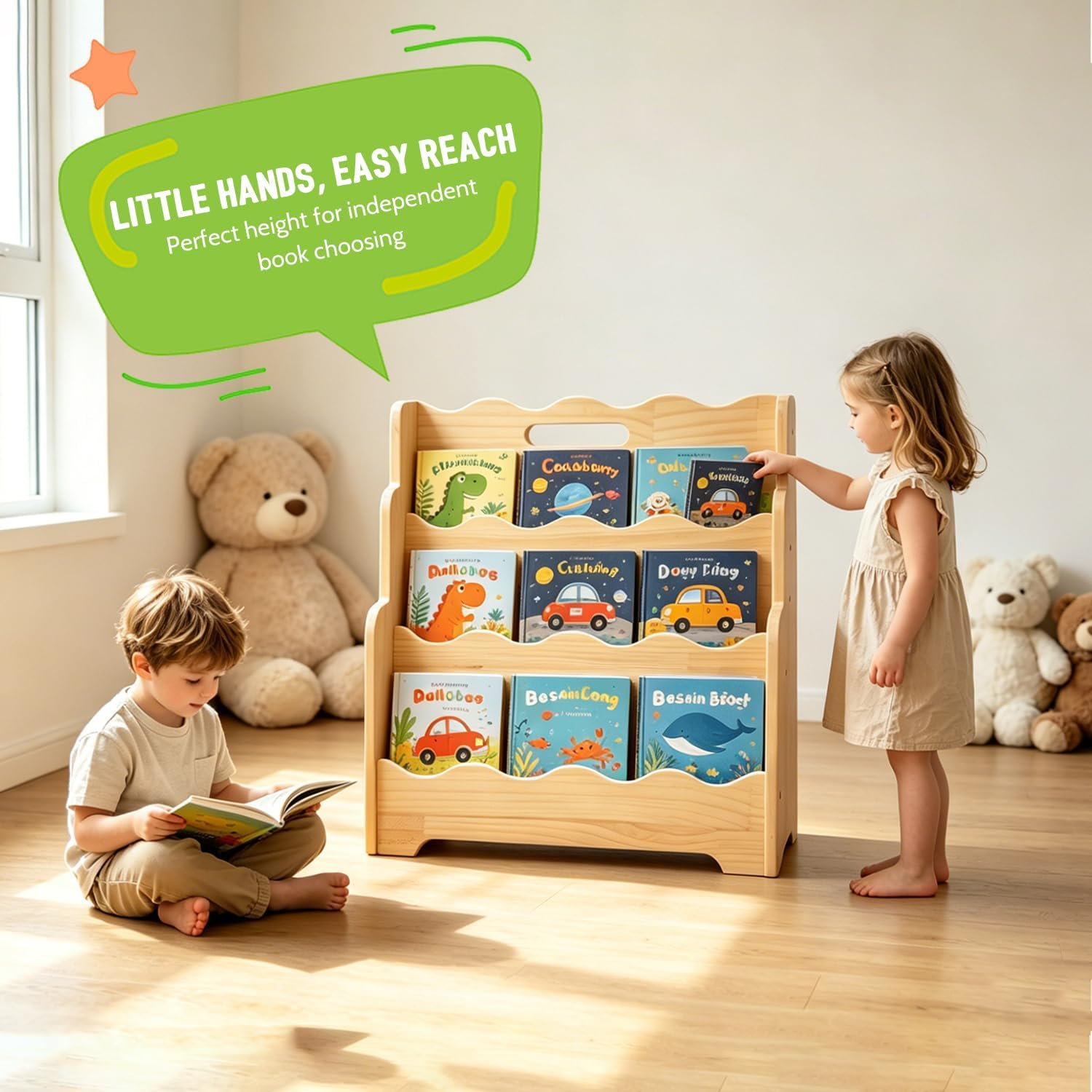 LINMAGCO Scalloped Kids Bookshelf, 3-Tier Montessori Toddler Bookcase, Front-Facing Book Organizer with Handle, Solid Pine Wood, Nursery Book Shelves for Bedroom Playroom Classroom & Reading Corner