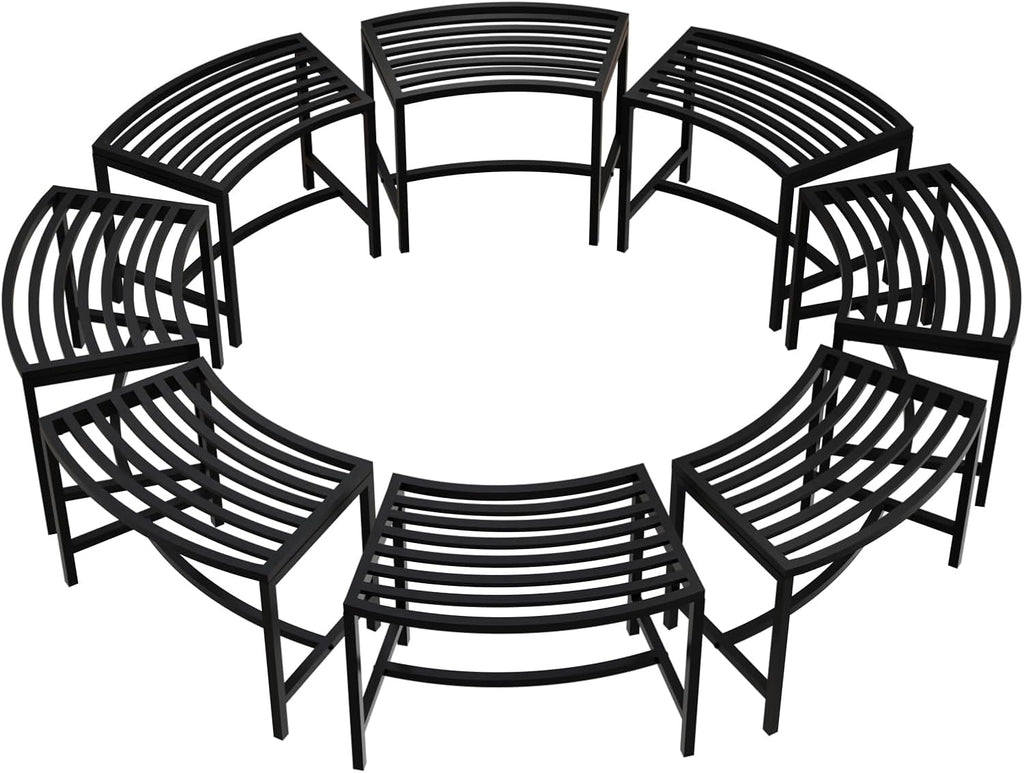VINGLI Outdoor Metal Curved Bench, Weatherproof Fire Pit Bench Set of 8, Heavy Duty Steel Backless Benches, Metal Outside Seating for Garden, Patio, Plant Stand and Holder