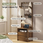 Messenya Mid Century Modern Bedroom Nightstand with Clothes Rack and Hooks | Bedside Table with Hanging Rod, 6 Storage Hooks, Charging Station, Dual Drawers, Rounded Corner, Open Shelf, Walnut Finish