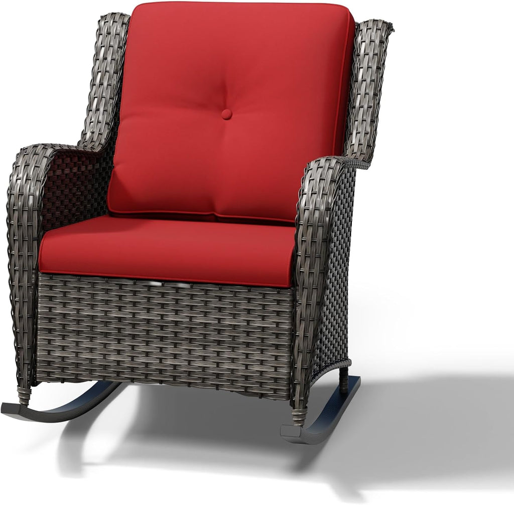 Joyside Outdoor Rocking Chair, Wicker Patio Furniture with High Back, Deep Seating, Wide Armrest, Thickened Cushions, Outdoor Rattan Furniture for Deck, Porch Use