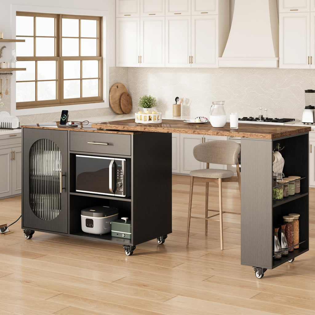 HSH 71” Rolling Kitchen Island with Storage Seating on Wheels, Rustic Brown | Mobile Island Cart With 360° Swivel Tabletop, With Power Outlet, Storage Cabinet, Open Adjustable Shelves Fit In Microwave