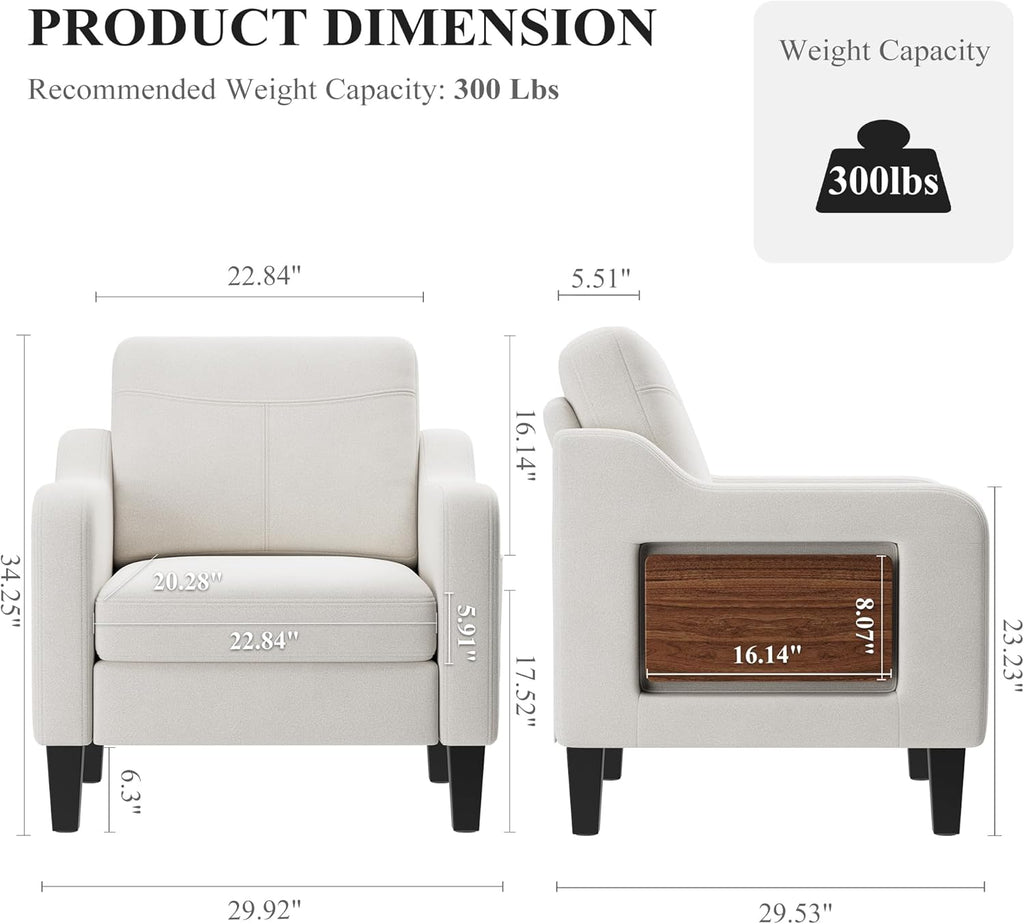 Accent Chairs Set of 2 for Living Room, Mid-Century Upholstered Armchair with Foldable Table & 2 Side Pockets, Modern Linen Wooden Sofa Chair for Bedroom & Reading Room, Beige