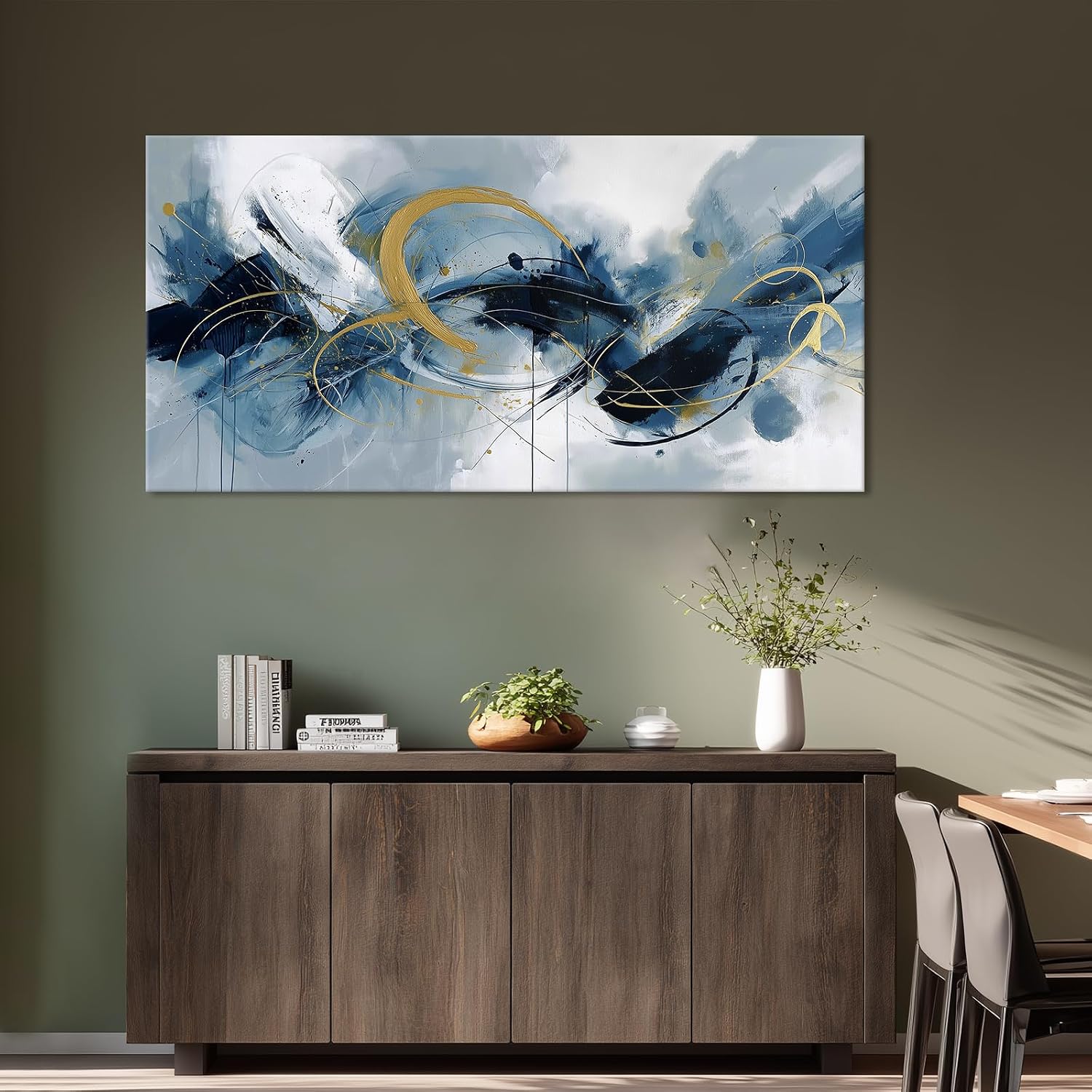 BewDalky Navy Blue Yellow Abstract Canvas Wall Art Large Modern Watercolor Fluid Art Prints Minimalist Lines Circles Pictures Wall Decor Contemporary Artwork for Living Room Bedroom Office 23"x46"