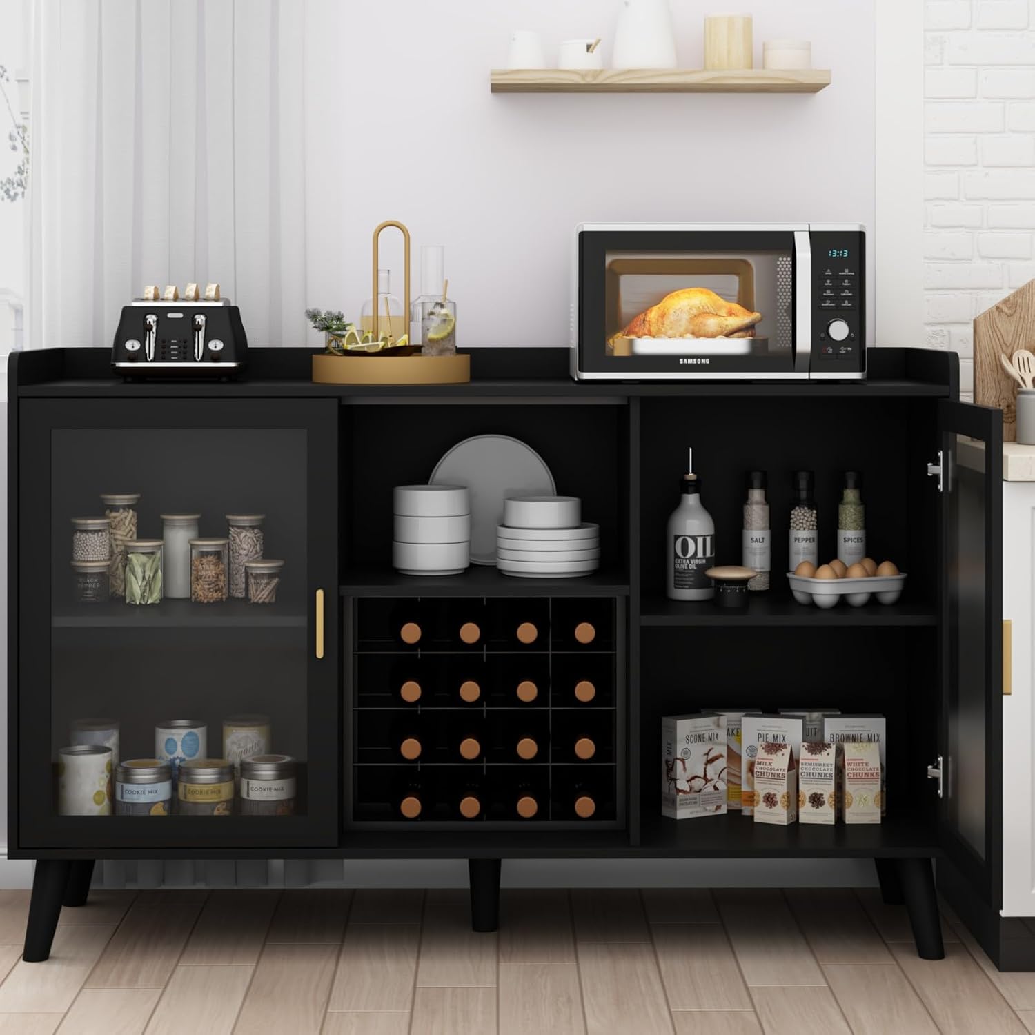 Loomie Wine Bar Cabinet with LED Light, Home Coffee Cabinet with Wine Rack and Glass Holder, Kitchen Buffet Sideboard W Storage Shelf, Freestanding Liquor Cabinet for Living Room, Dining Room (Black)