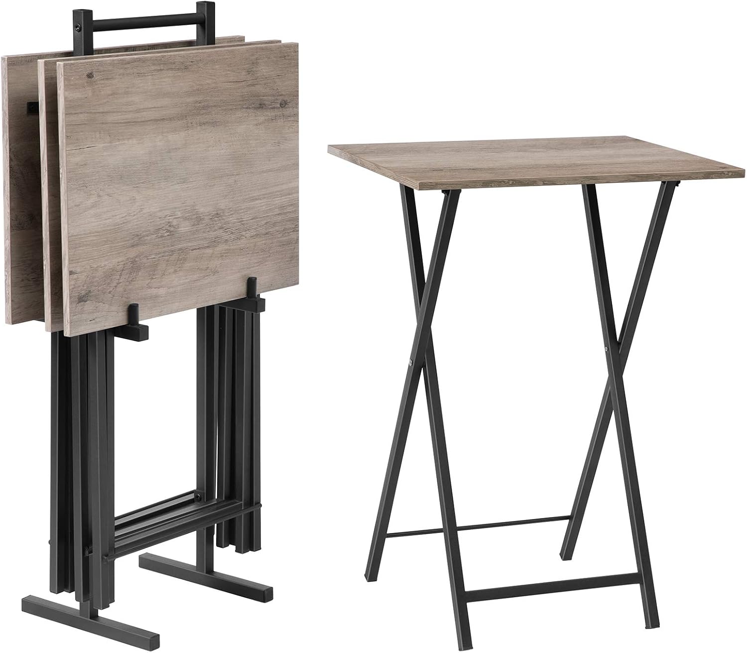 HOOBRO Folding TV Tray Tables, Set of 4 TV Trays with Storage Rack, Industrial Side Table for Eating at Couch, Foldable Snack Table for Small Space, Easy Assembly, Greige and Black BG50BZ01
